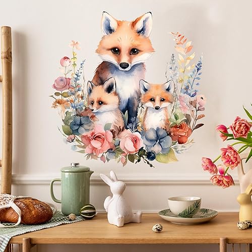 Calcomanía de pared de familia de zorros con flores, adorable calcomanía de pared de animales de guardería, extraíble, impermeable, fácil de