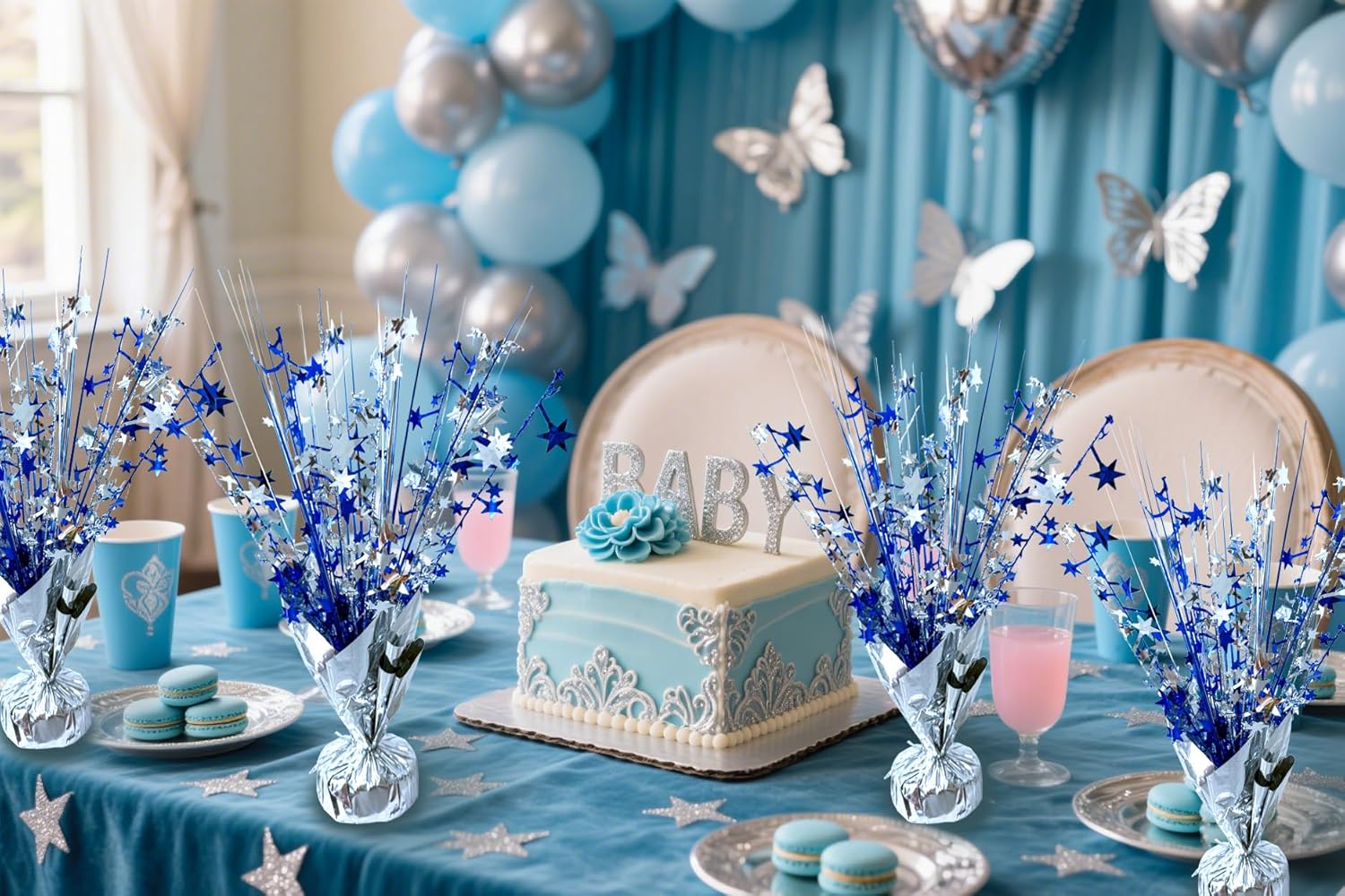 FUBININA 6 Pack Metallic Foil Spray Centerpiece Star Table Decoration Burst Table Centerpieces for Birthday Wedding Anniversary Graduation Holiday Party Supplies Decor, Silver Blue - Image 4