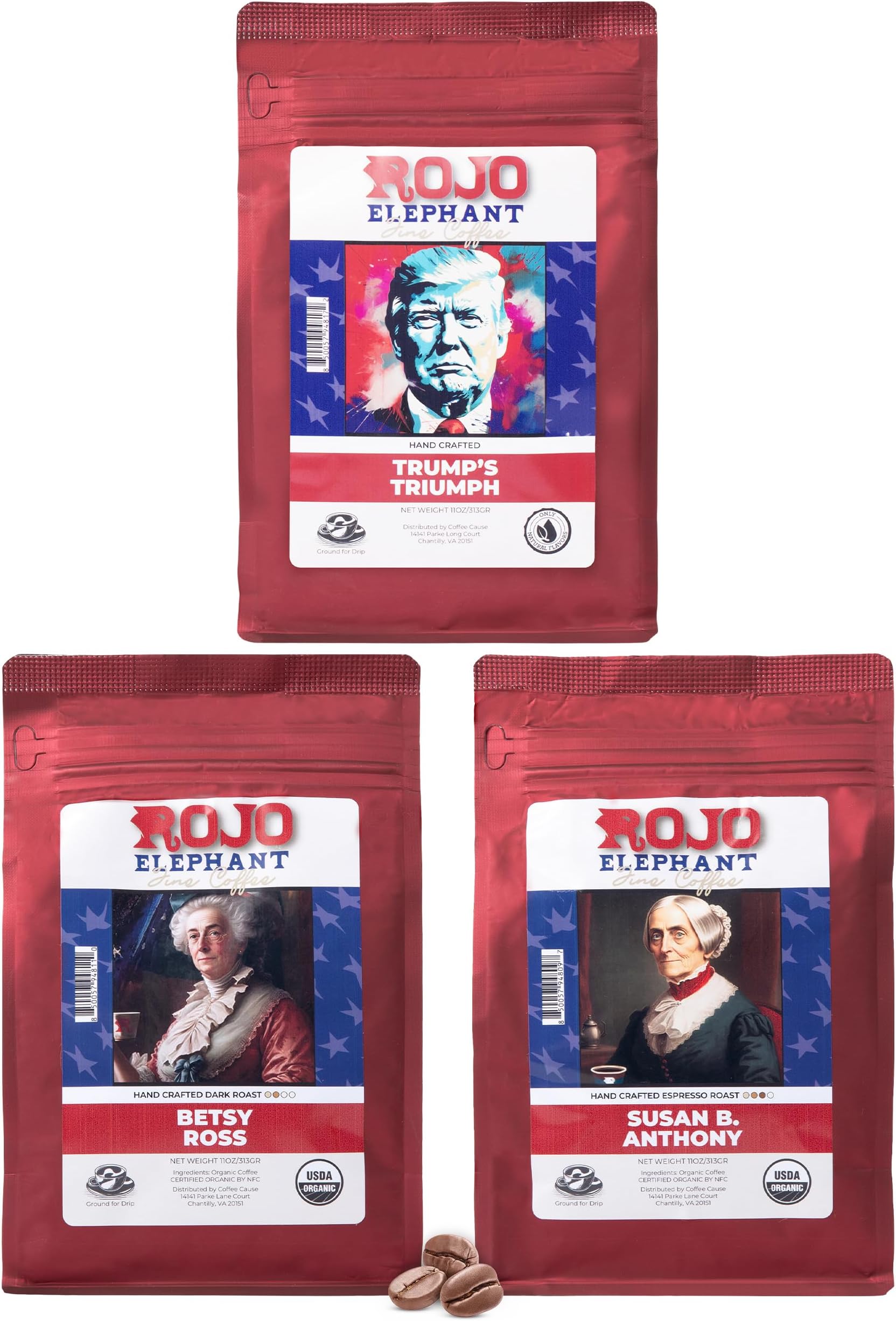Rojo Elephant Handcrafted Ground Coffee, 11 0z Bags 3 Pack, Trump's Triumph, Betsy Ross, Susan B. Anthony, Iconic SelectionUSDA Organic