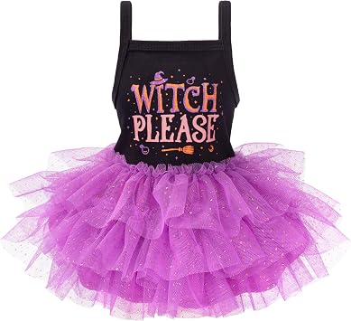 Fitwarm Witch Please Halloween Dog Tutu Dress, Funny Halloween Costumes for Small Girl Dogs, Pet Outfit, Black, Purple, Small