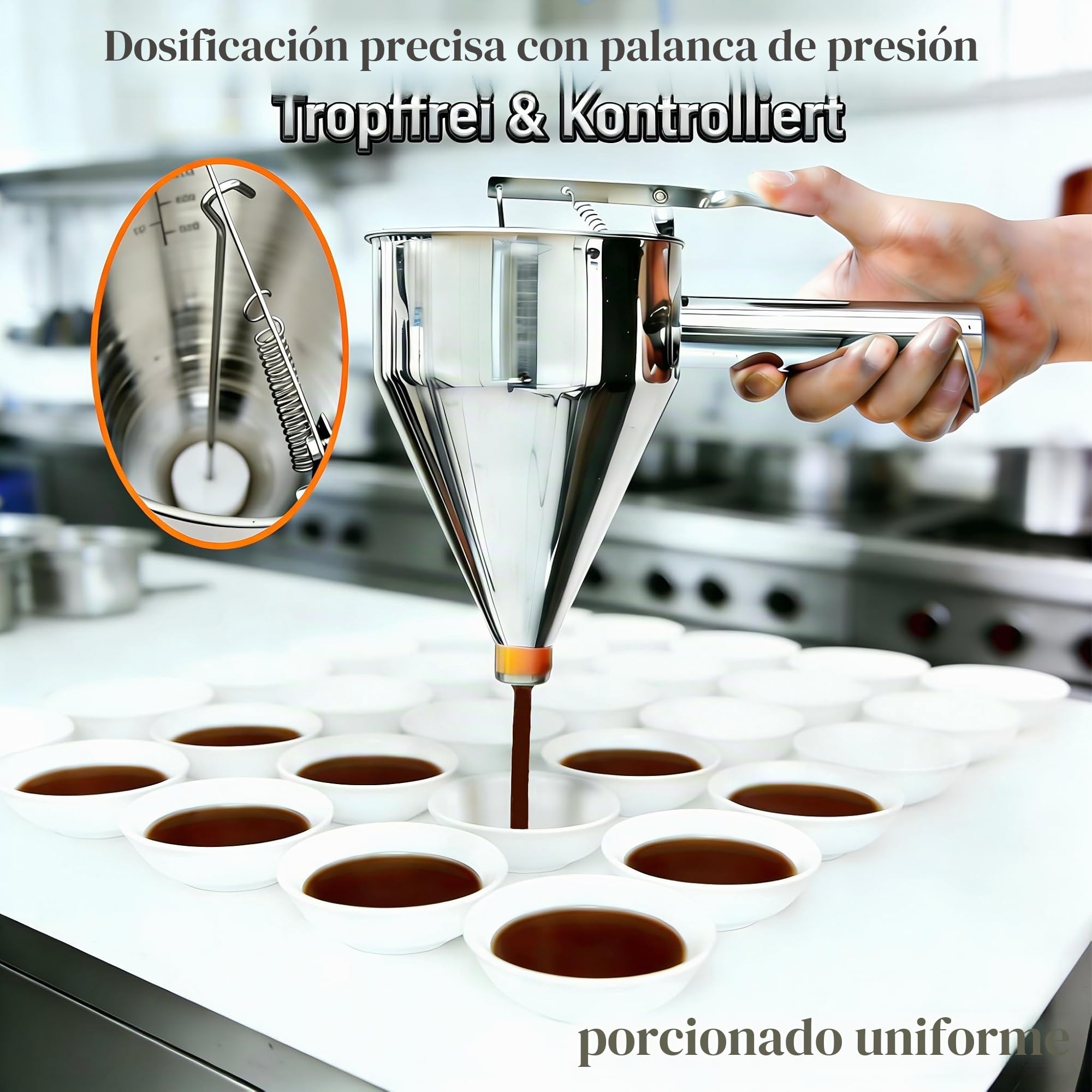 1 Embudo dosificador dispensador de masa dosificador en acero inoxidable 18/8 con medida graduada y asa + 7 boquillas de silicona + pedestal con colector de masa + bolsa | 1,2 L