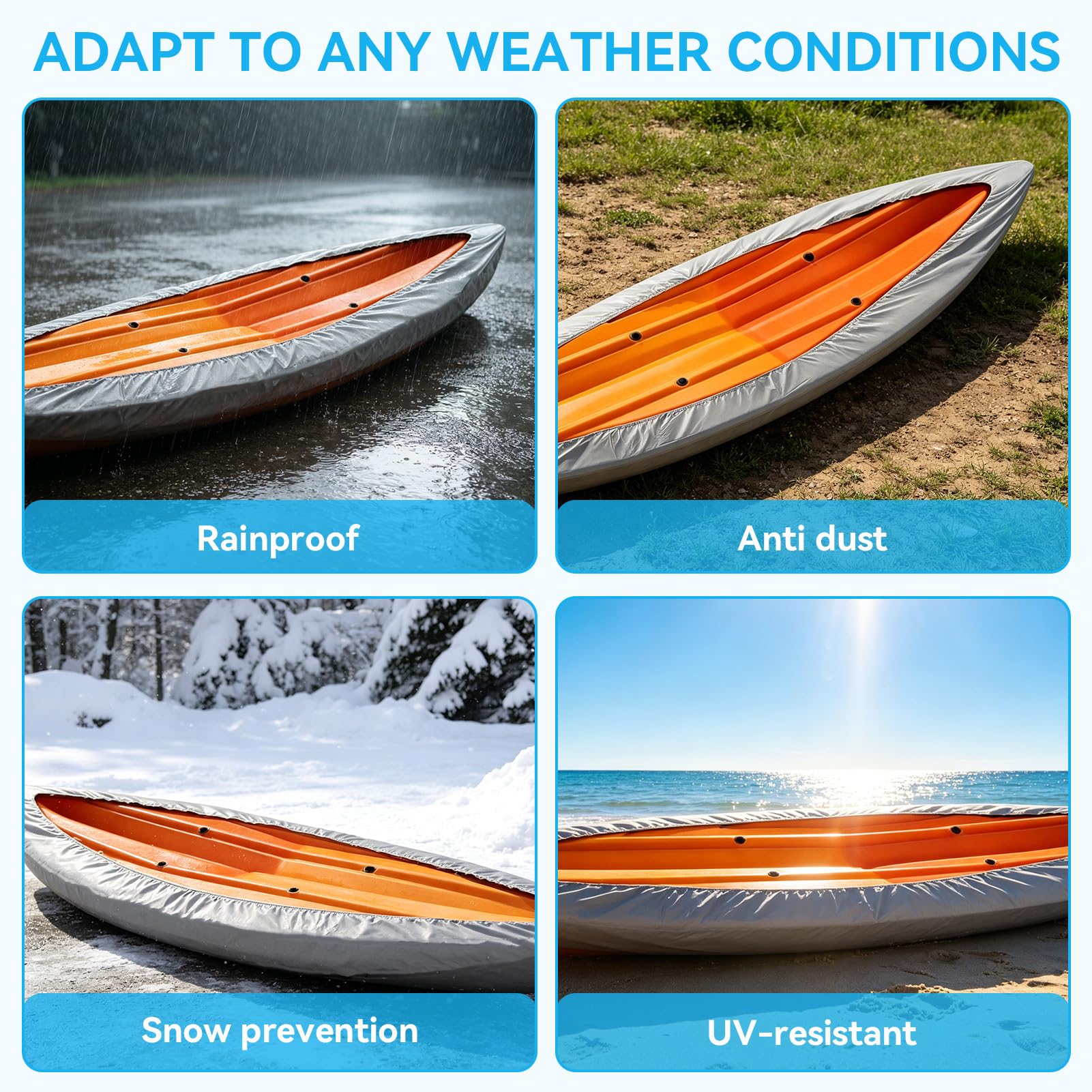 Copertura per kayak, copertura per kayak impermeabile resistente da 4,5 m Protezione solare UV Copertura antipolvere per canoa per barca da kayak da 3,6-4 m