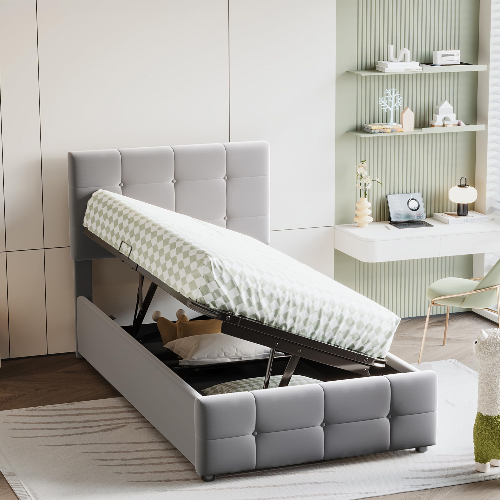 Boxspringbett 90x200 mit Bettkasten, Hydraulisches Einzelbett Polsterbett mit Lattenrost, Bettgestell mit Stauraum, Schlafzimmer Komplett, Stauraumbett, Samtstoff, Ohne Matratze, Grau