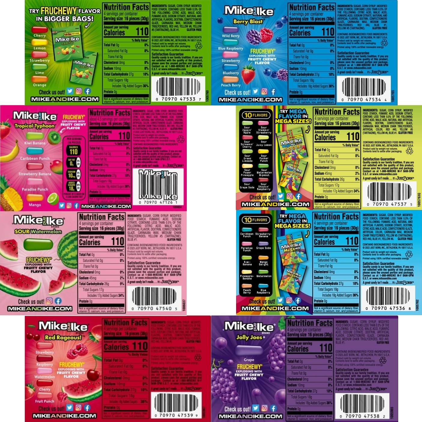 Mike Ike Candy Variety, 8 Theater Boxes (4.25 oz) – Original Fruit, Berry Blast, Tropical Typhoon, Sour Mega Mix, Sour Watermelon, Mega Mix, Red Rageous & Jolly Joes Bundle With Galley Grove Mints