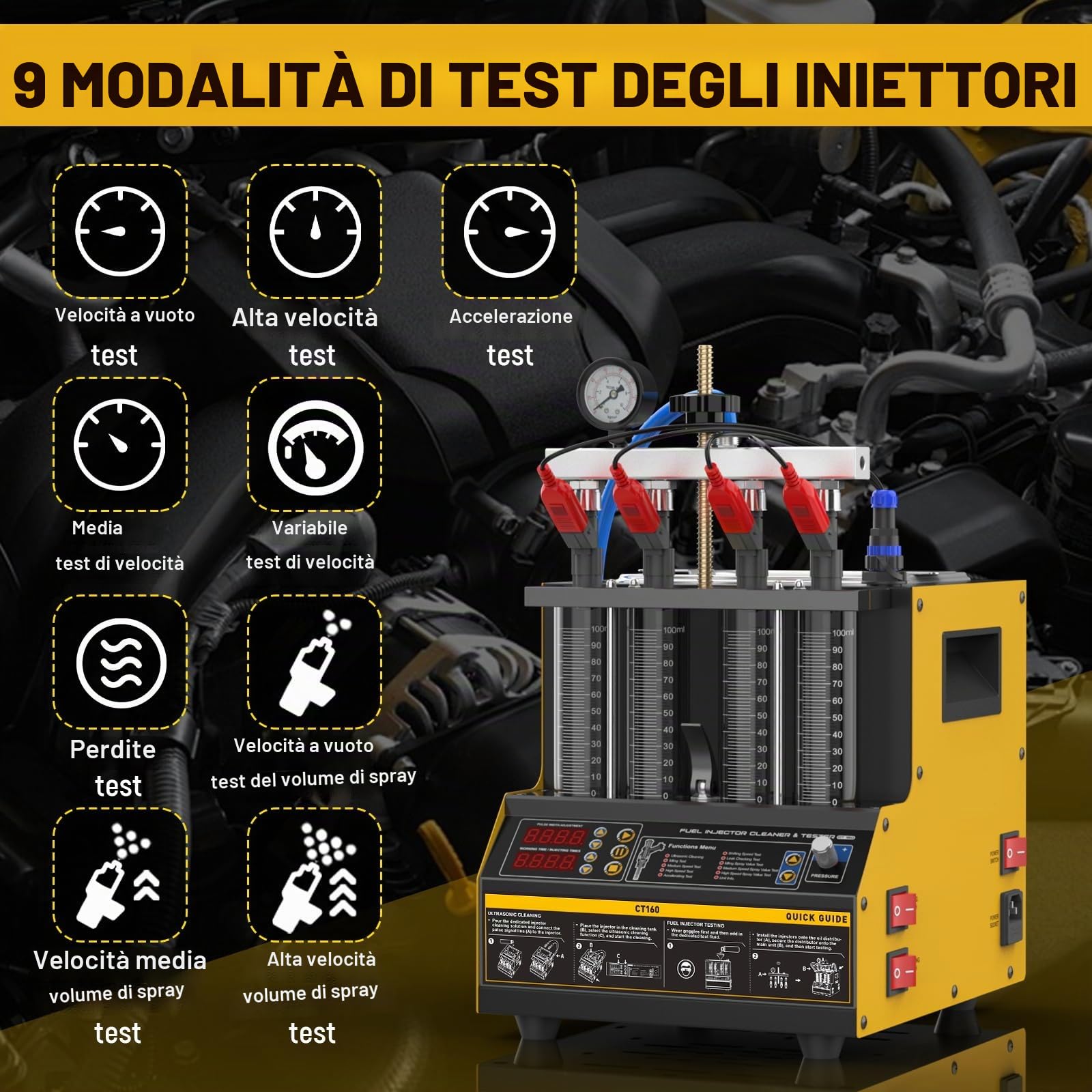 Pulitore a iniezione di Carburante ad ultrasuoni con Funzione di Riscaldamento, 4 cilindri per iniettori GDI, EFI e FSI, Display Digitale con 9 modalità di Test