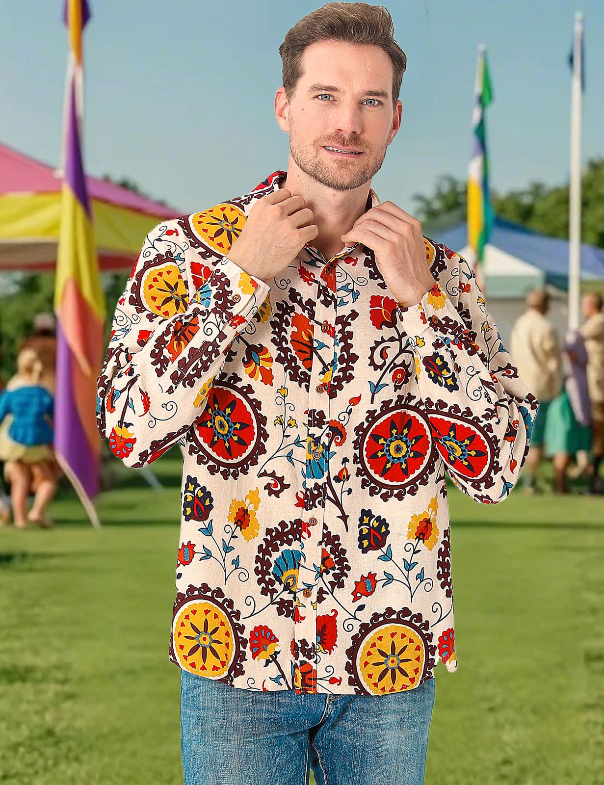 Camicia Anni 70 Hippie da Uomo Manica Lunga Camicie Floreale Fantasia Funky Casual