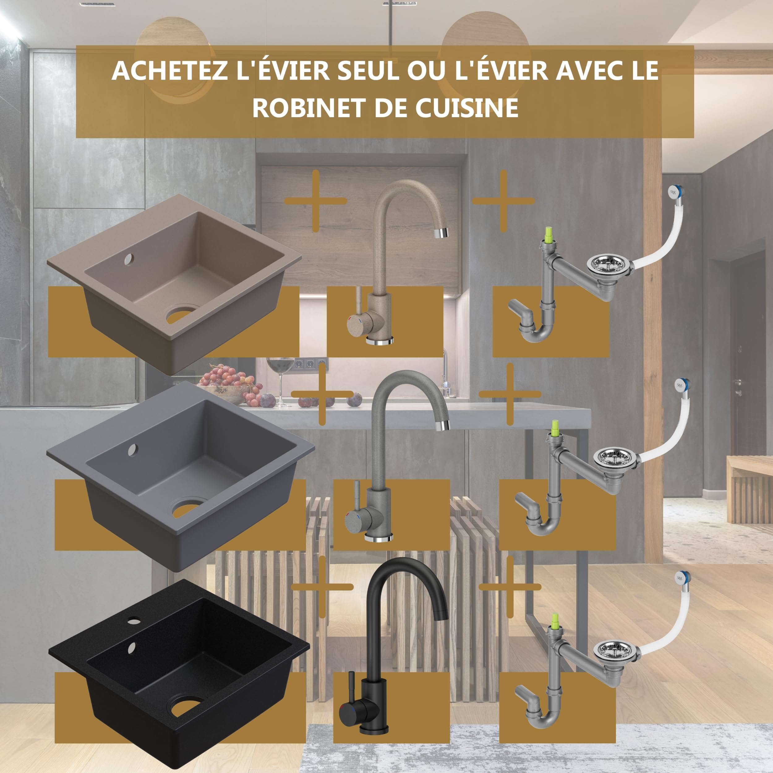 SINK Quality Évier noir avec robinetterie 45 × 42 cm – Evier avec robinet, siphon et imprégnation – Kit complet encastrable en granit – lavabo de cuisine pour meuble bas à partir de 45 cm