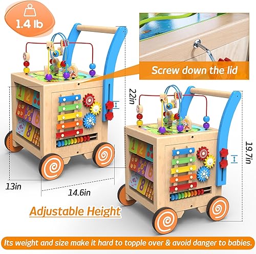 Miniatura 5 de Andador de madera para bebés  Cubo de actividades de madera 9 en 1, centro de actividades de aprendizaje sentado a pie, juguetes educativos