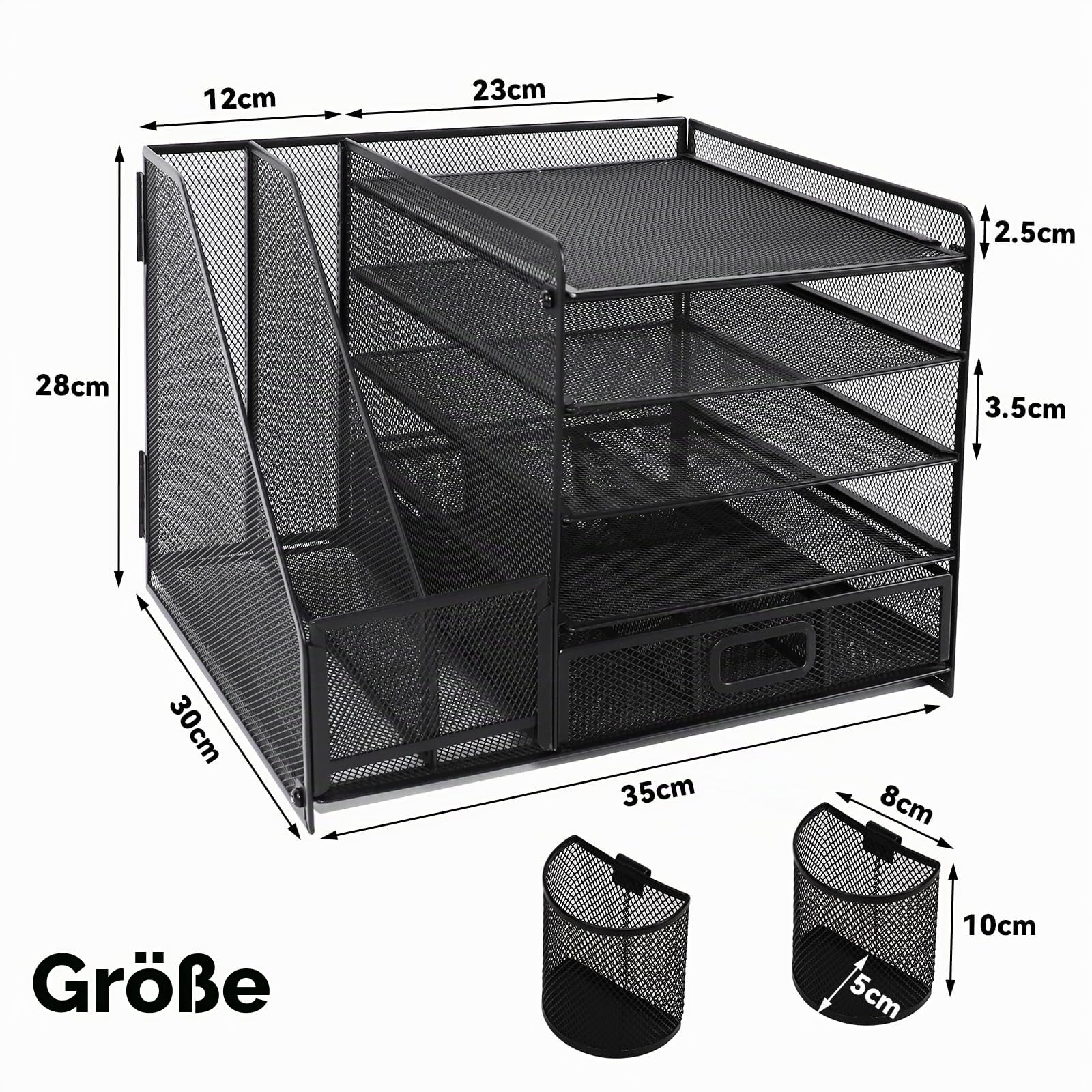 Schreibtisch Organizer mit Aktenhalter, 5 Ebenen Papier Organizer Briefablage mit Schublade und 2 Stiftehalter, Mesh Schreibtisch Akten Organizer mit Zeitschriftenhalter für Büro