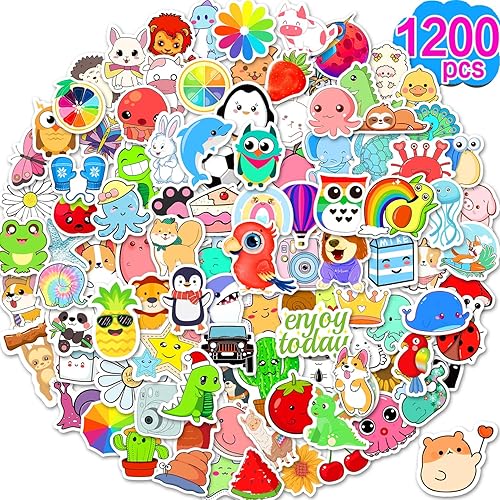 1200 Pcs Stickers for Kids, Cute Water Bottle Stickers for Teens, Kawaii Vinyl Phone Laptop Skateboard Animal Waterproof Sticker, Bulk Aesthetic