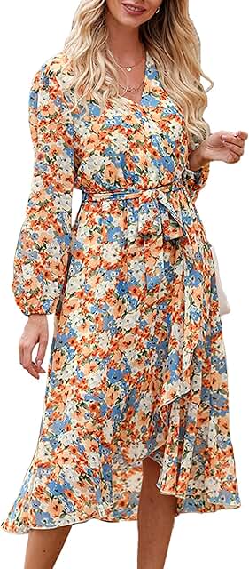 PRETTYGARDEN Women's Floral Boho Dress Fall Long Sleeve Wrap V Neck Ruff...