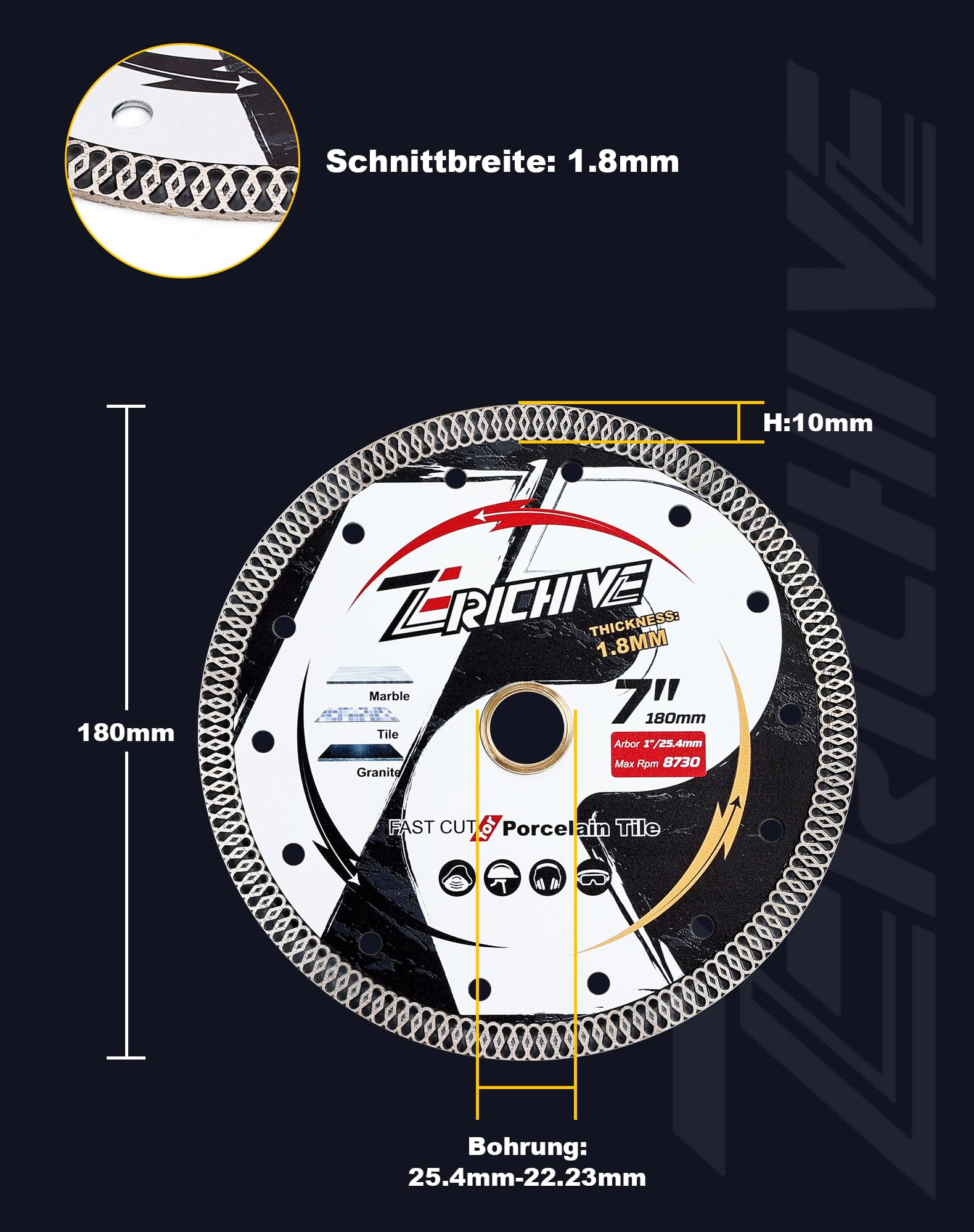 Tarcza diamentowa do gresu 180 mm x 25,4 mm do cięcia na mokro – twardych płytek, kamienia naturalnego, marmuru, granitu, ceramiki – super cienka tarcza diamentowa do szlifierek kątowych