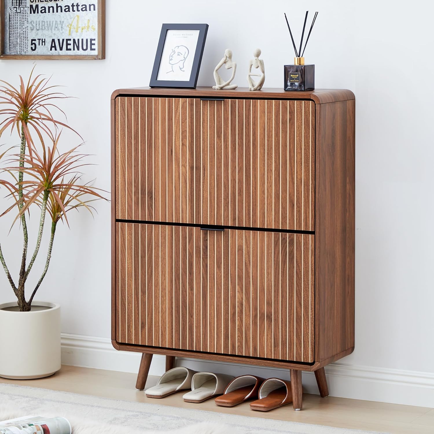 Narrow Shoe Cabinet for Entryway, Fluted Shoe Cabinet Storage with 2 Flip Drawers, Slim Shoes Rack Organizer (Walnut)