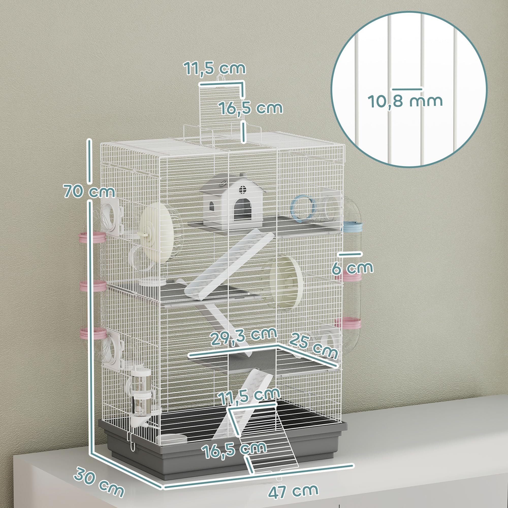 PawHut Jaula para Hámster, 47x30x70 cm, Casa para Animales Pequeños con Túnel, Plataformas, Cuenco, Bebedero, Casita, Rampas y Rueda de Ejercicio, para Hámsteres Enanos, Jerbos, Gris