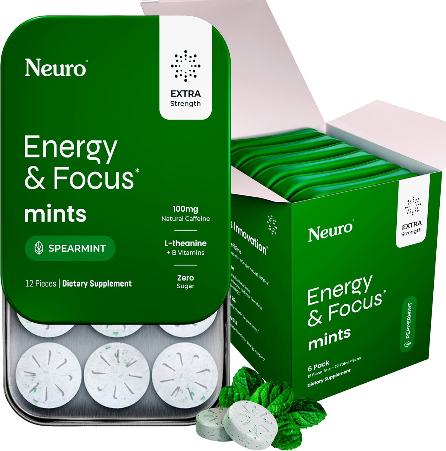 Neuro Energy & Focus Mints, Extra Strength - Sugar Free Breath Mints with 100mg Natural Caffeine, B Vitamins & L-Theanine - Vegan Brain Supplement for Exercise, Study & Daily Focus - Spearmint, 72 ct