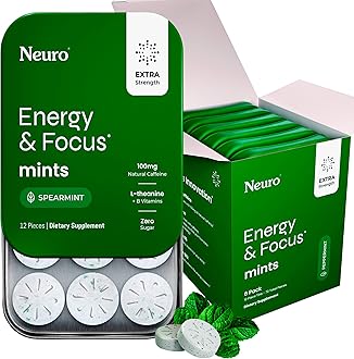 Neuro Energy & Focus Mints, Extra Strength - Sugar Free Breath Mints with 100mg Natural Caffeine, B Vitamins & L-Theanine - Vegan Brain Supplement for Exercise, Study & Daily Focus - Spearmint, 72 ct