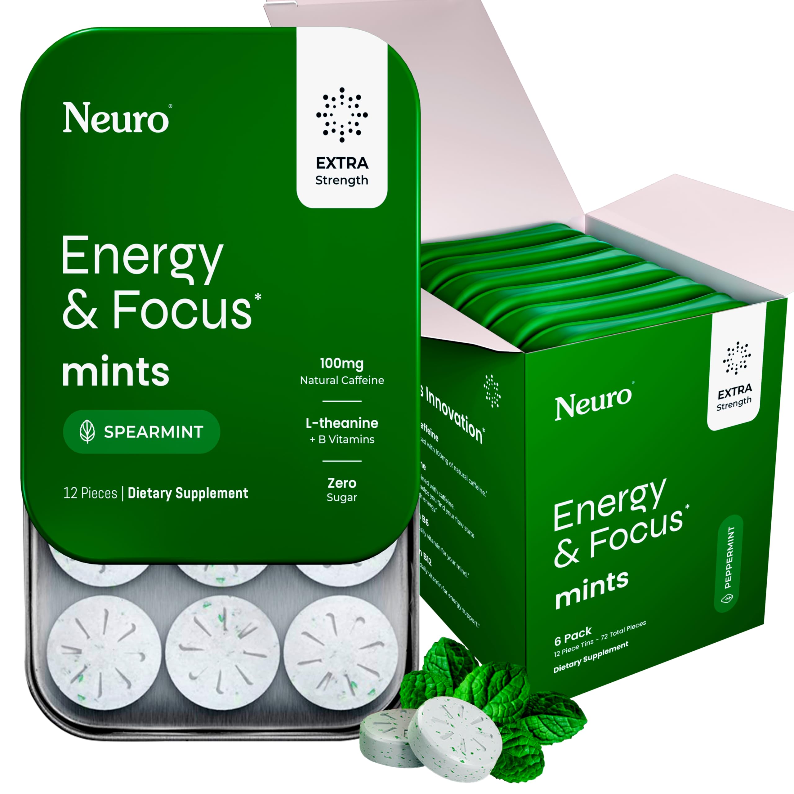 Sponsored Ad - Neuro Energy & Focus Mints, Extra Strength - Sugar Free Breath Mints with 100mg Natural Caffeine, B Vitamins & L-Theanine - Vegan Brain Supplement for Exercise, Study & Daily Focus - Spearmint, 72 ct