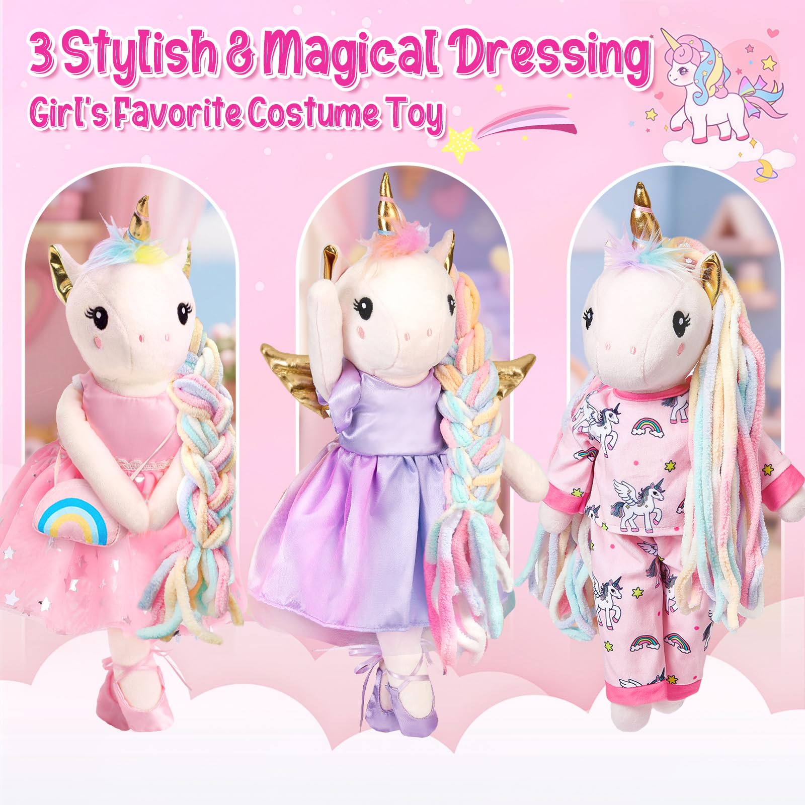 Peluche Unicorno Bambina Regalo, 43cm Peluche Unicorno Giocattolo Set con 3 Cambio di Vestiti & Borsetta, Unicorno Bambola da Vestire Compleanno Natale Regalo per Bambina 3 4 5 6 7 8 Anni