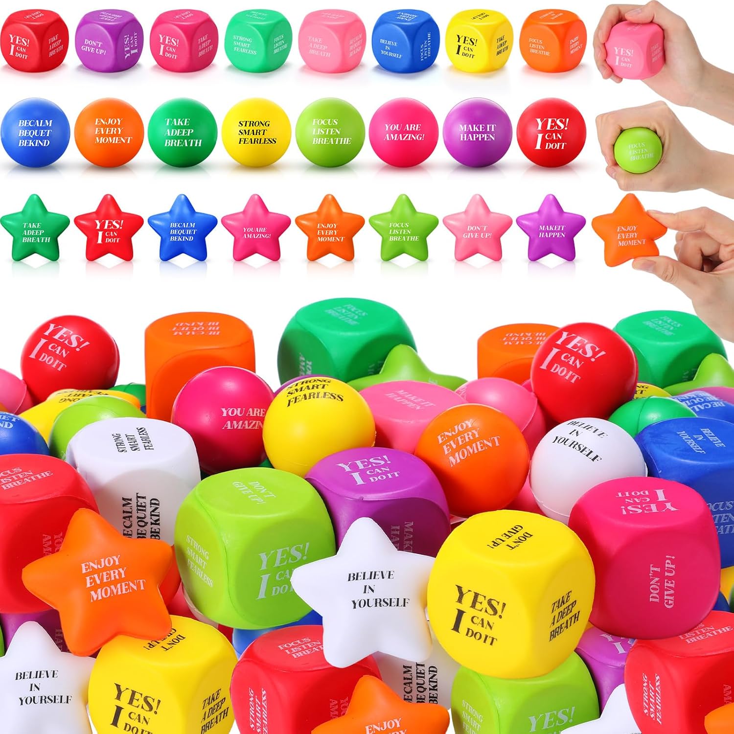 Jenaai 60 Pcs Motivational Stress Balls Colorful Foam Stress Balls Inspirational Quotes Anxiety Fidget Relief Cube Star Round Hand Exercise Toys Bulk Employee Appreciation Gifts for Coworkers Adults