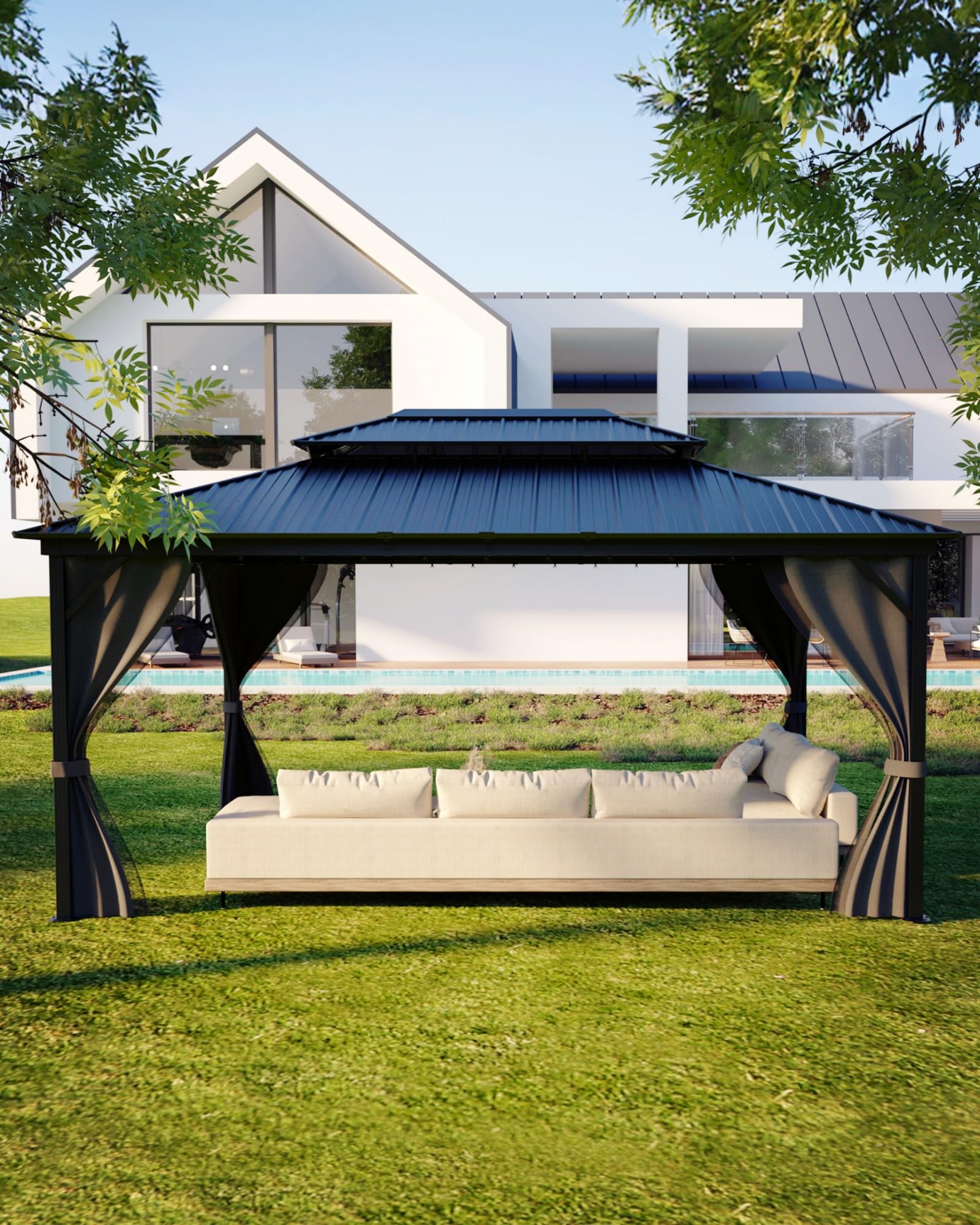 KYBOLT 12x16 Ft Hardtop Gazebos with Heavy Duty Double Roof, Nettings and Curtains Galvanized Steel Outdoor Gazebos for Patio, Backyard, Deck, Lawn (