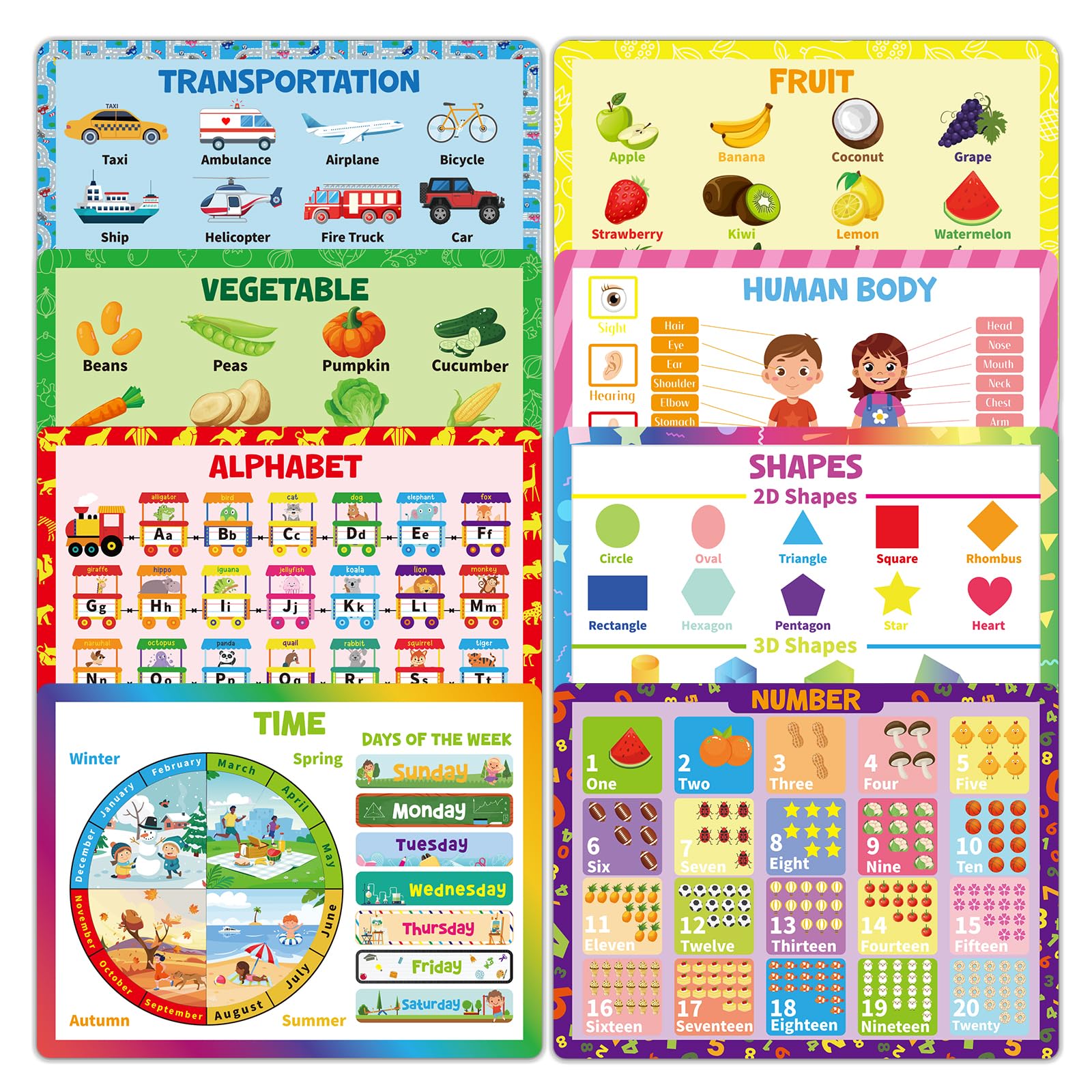 8 Pcs Educational Preschool Placemat Set for Toddler and Kids Back to School Reusable Washable Placemats for Dining Table Plastic Mats for Nursery