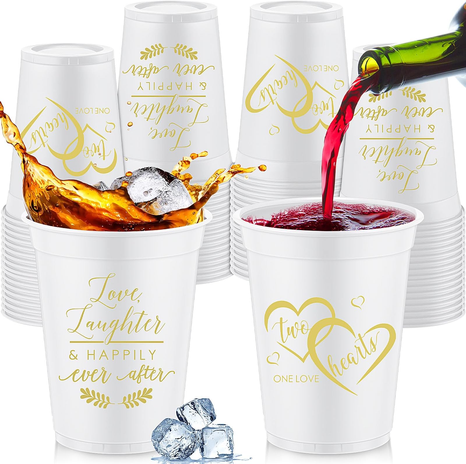 Disposable Wedding Cups Bulk, 50 Pk TWO HEARTS Cups, 16 oz