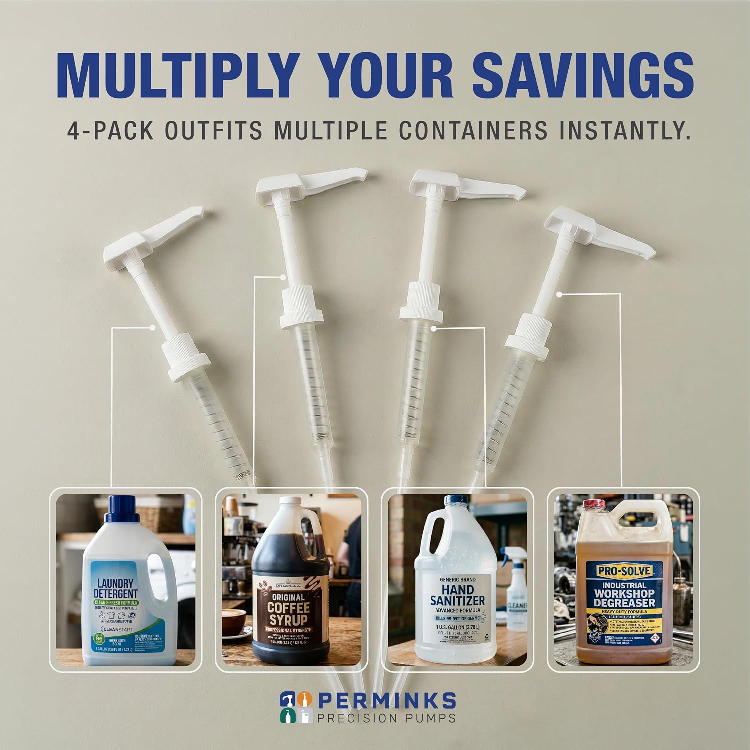 PERMINKS 1 Gallon Pump Dispenser - Gallon Pump for Shampoo, Detergent, Lotion & Body Wash, Liquid Dispenser Pump for Condiments, Syrups & Flavorings, Pump Dispenser for Epoxy, Glue and Paints - 4 Pack
