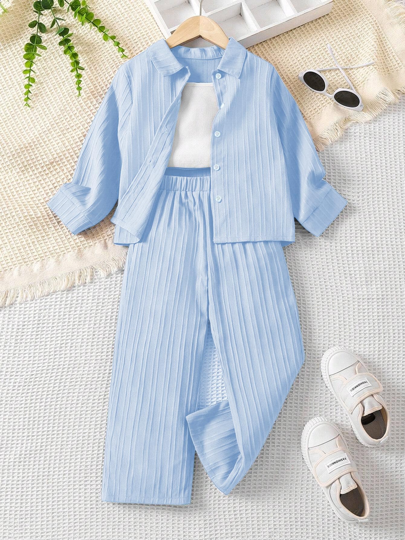 Tagas Camisola de poliéster de estilo casual simple para niñas, camisa de manga larga y pantalones rectos, conjunto de 3 piezas, vestido para niñas (GCS-12)