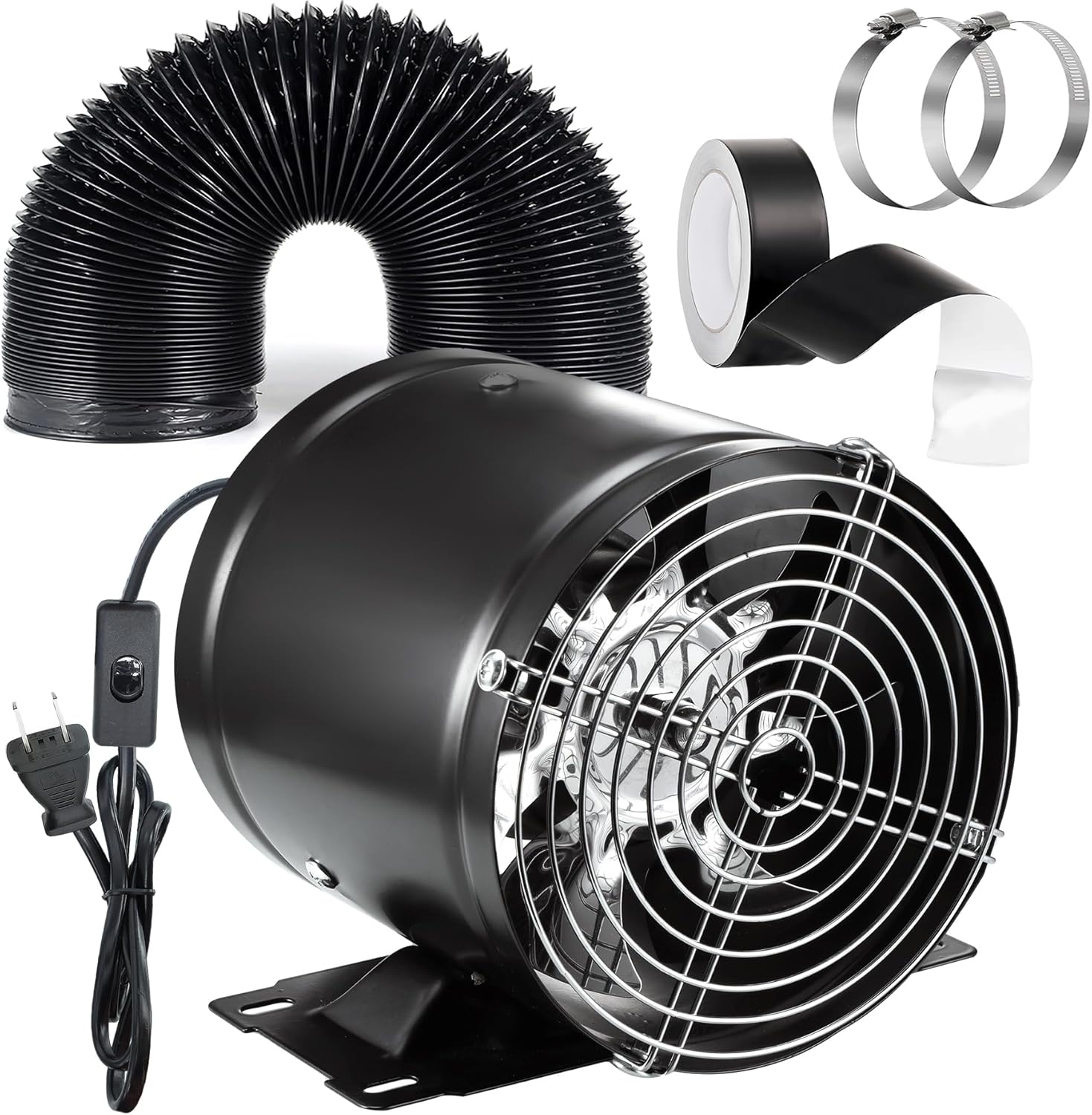 HoseVary 6 Inch Inline Duct Fan - 480 CFM High Airflow Exhaust w/Check Valve, Mesh Guard, 6.5ft Hose for Grow Tents, Garage, Attic - Black