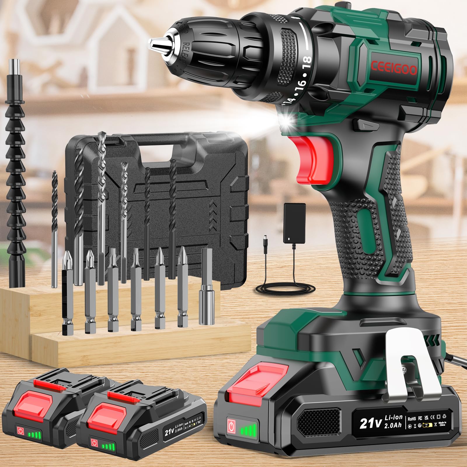 Taladro Atornillador Batería Sin Escobillas, CEEIGOO Destornillador Electrico 21V con 2 Baterías 2.0Ah, Atornillador Bateria 42Nm, 18 Ajuste de Par,14 Accesorios, 2 Velocidad Para Hogar, Bricolaje