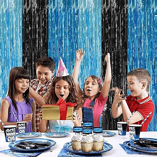 Miniatura 6 de Paquete de 3 cortinas de flecos de papel de aluminio de oropel negro y naranja de Halloween de 8 x 9.84 pies, cortinas de telón de fondo negro y