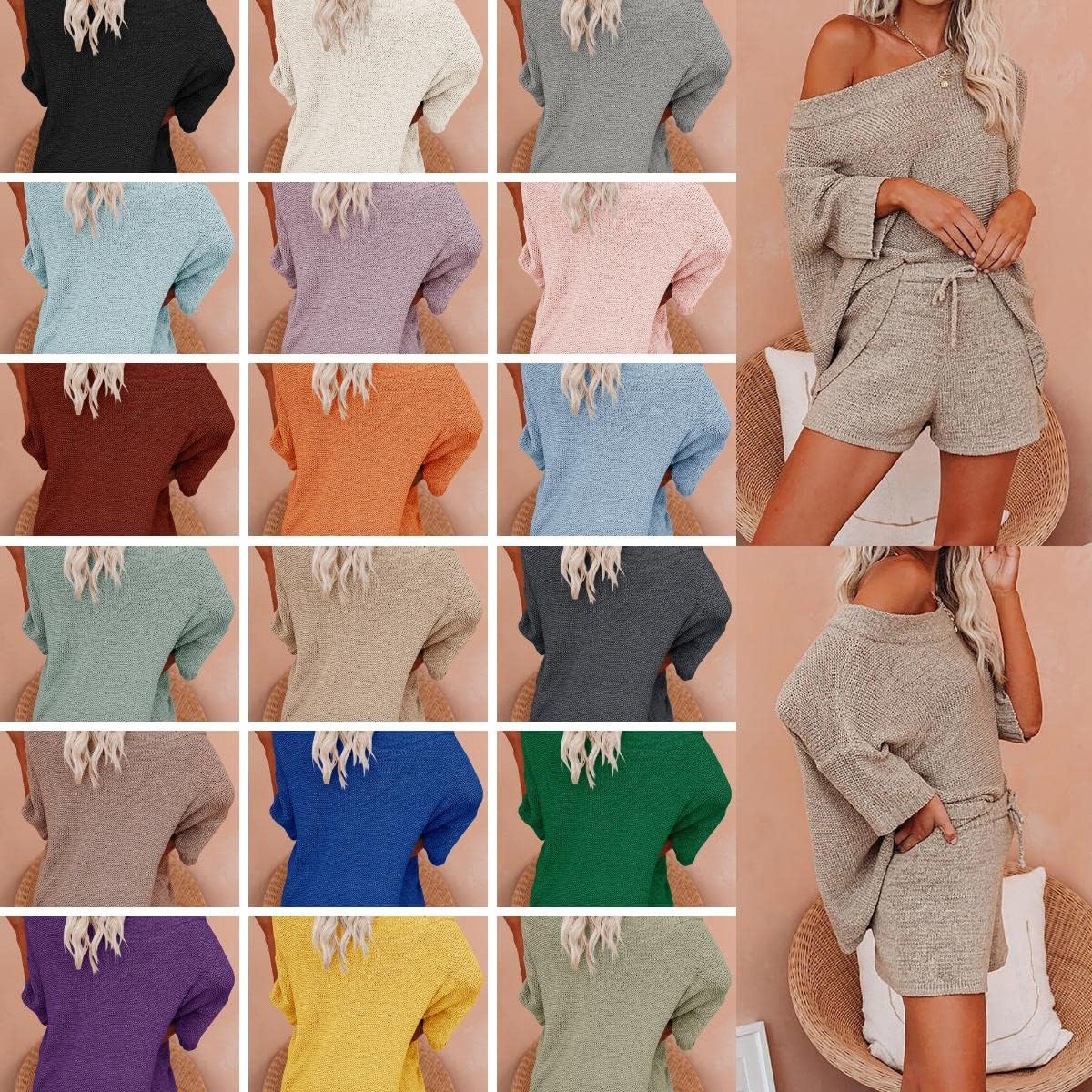Ermonn Womens 2 Piece Outfits Sweater Sets Off Shoulder Knit Tops Waist Short Suits Casual Pajama Set - Image 5