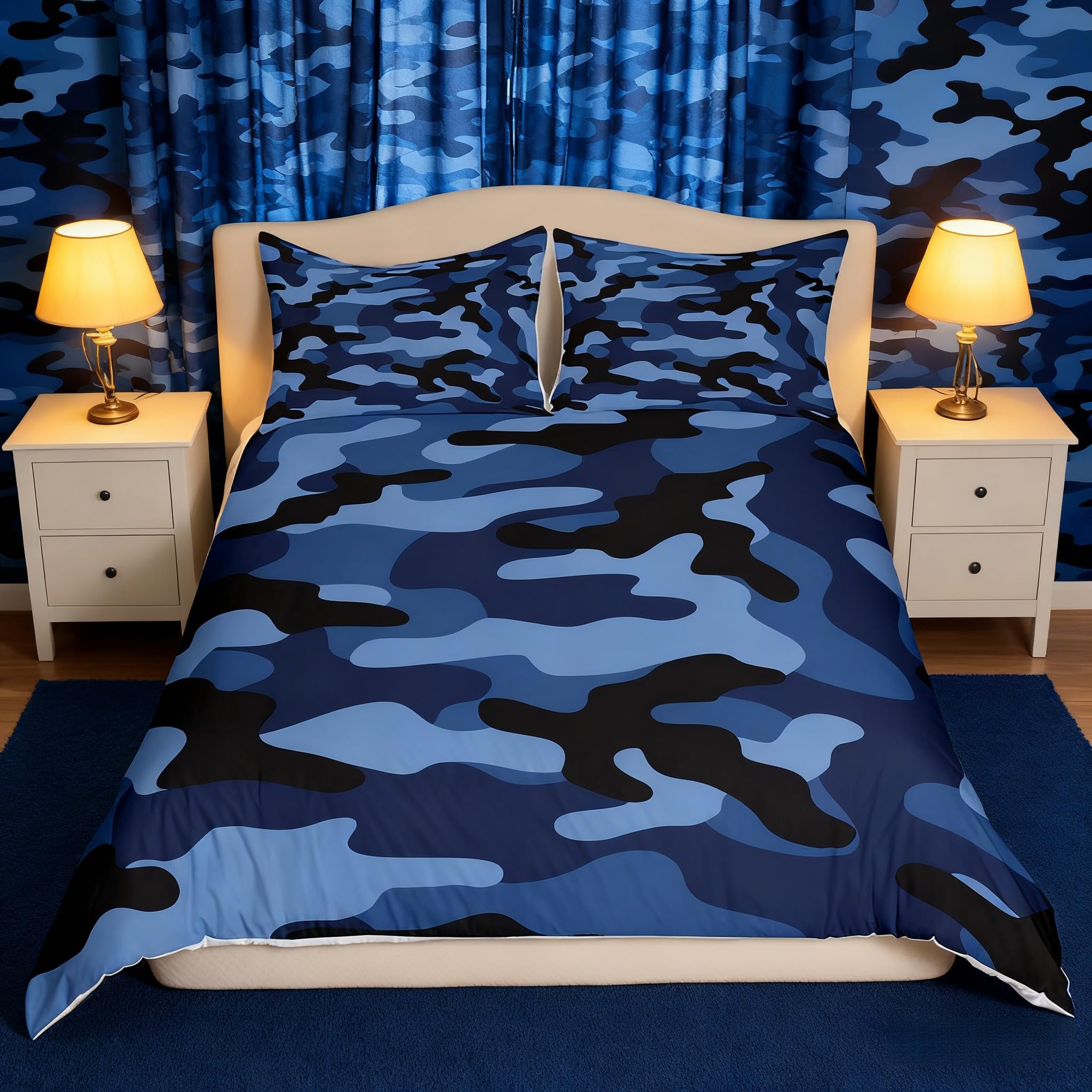 Manfei Blue Camo Duvet Cover Set Double Size, Army Camouflage Bedding Set 3pcs for Kids Boys Teens Bedroom Decor, Abstract Camo Theme Comforter Cover Soft Polyester Quilt Cover with 2 Pillowcases