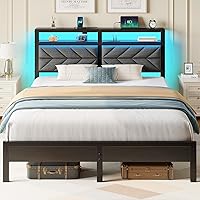 Vista 8 de Seventable Base de cama individual con estación de carga y luces LED, cabecera tapizada con estantes de almacenamiento de 2 niveles, plataforma