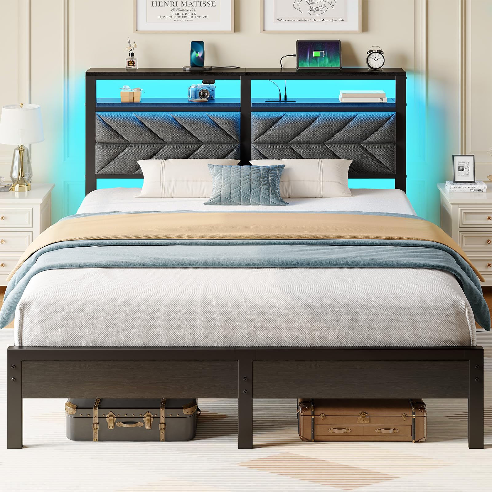 Photo 1 of [Just Headboard] Seventable Bed Frame Full Size with Charging Station, LED Bed with Upholstered Storage Headboard Metal Platform Bed with Under Bed Storage, No Box Spring Needed, Noise Free, Easy Assembly, Grey