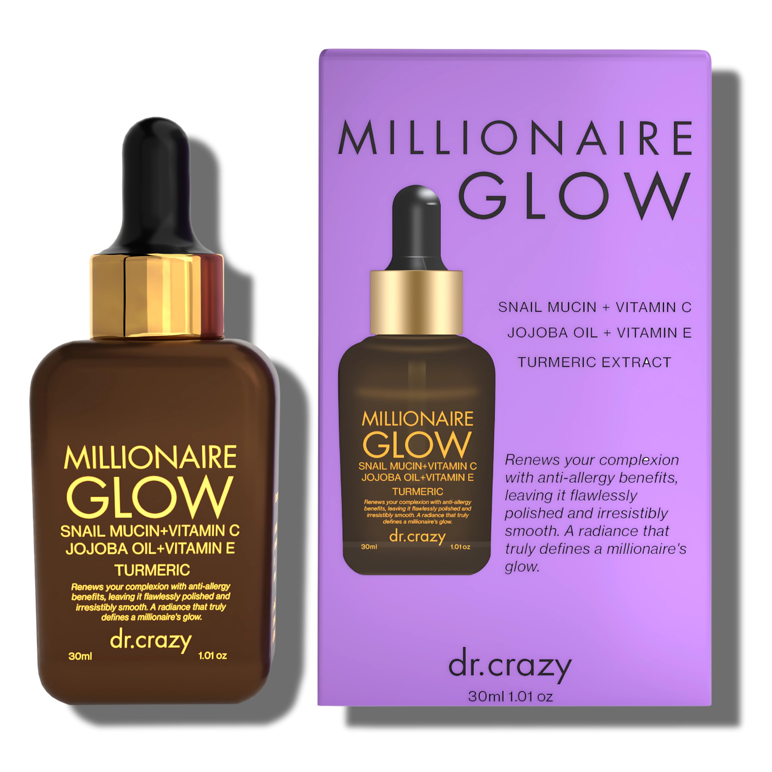 Dr. CrazyMillionaire Glow, Pure Vitamin C, Dark Spot Care, Snail Mucin, Niacinamide, Anti Aging, Tone, Glow & Repair, Vitamin C serum for face, Glow Serum 30ml