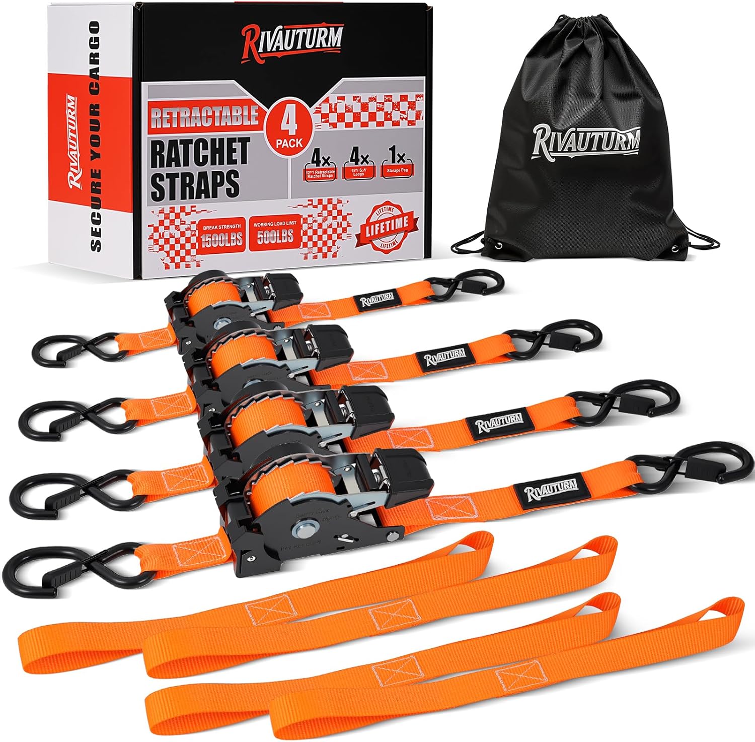4 Pack Retractable Ratchet Straps With S Hooks, 1 Inch x 12 Feet(1500LBS Break Strength) Heavy Duty Auto Self Retracting Tie Down Straps For Truck, Cargo Trailer, Motorcycle, ATV, UTV & More -Orange