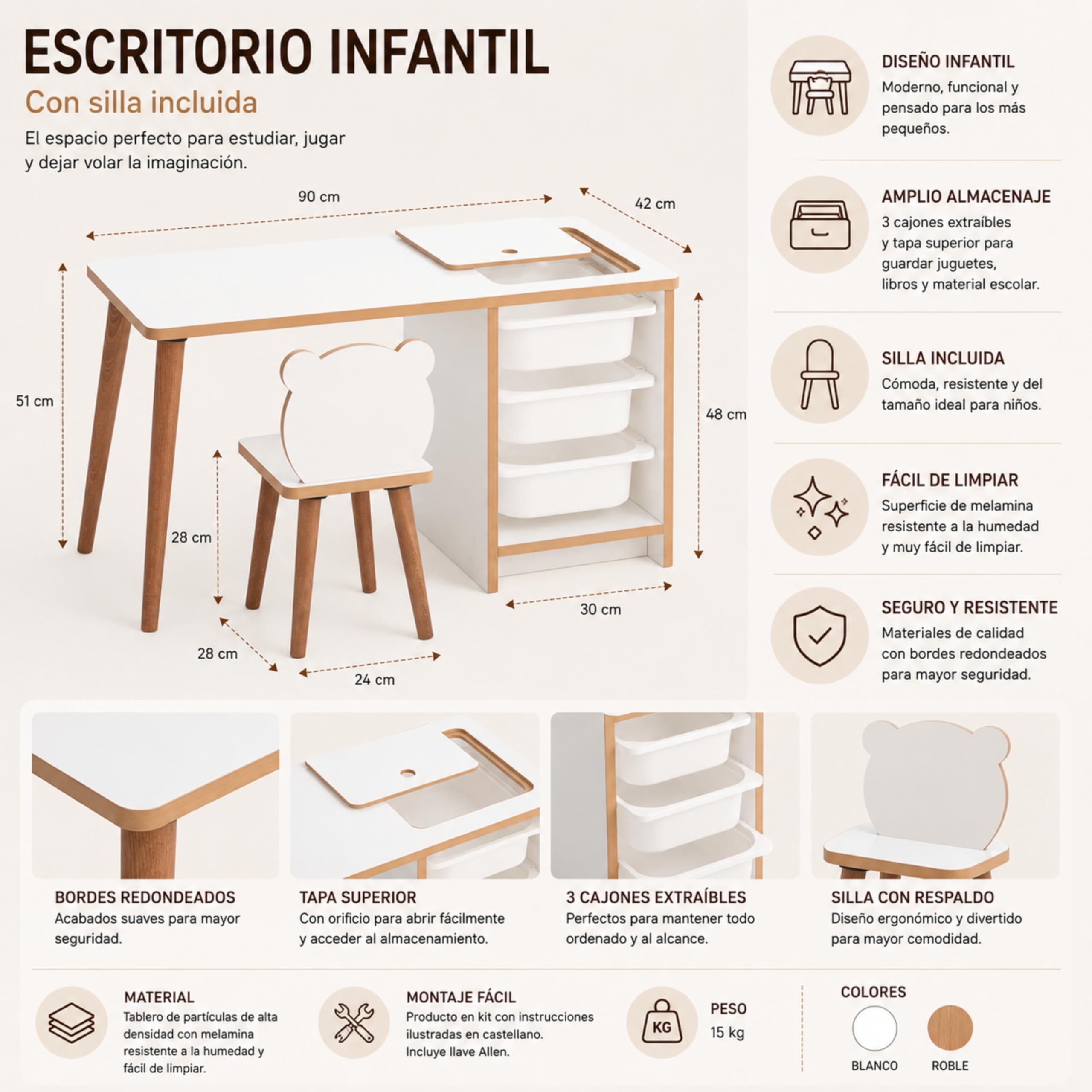 Escritorio Infantil con Silla y Cajones, Pupitre Infantil con Guarda Objetos, Mesa de Juegos para Niños, Muebles para Niños Color Blanco y Madera de 90 x 42 x 51 cm. Soho