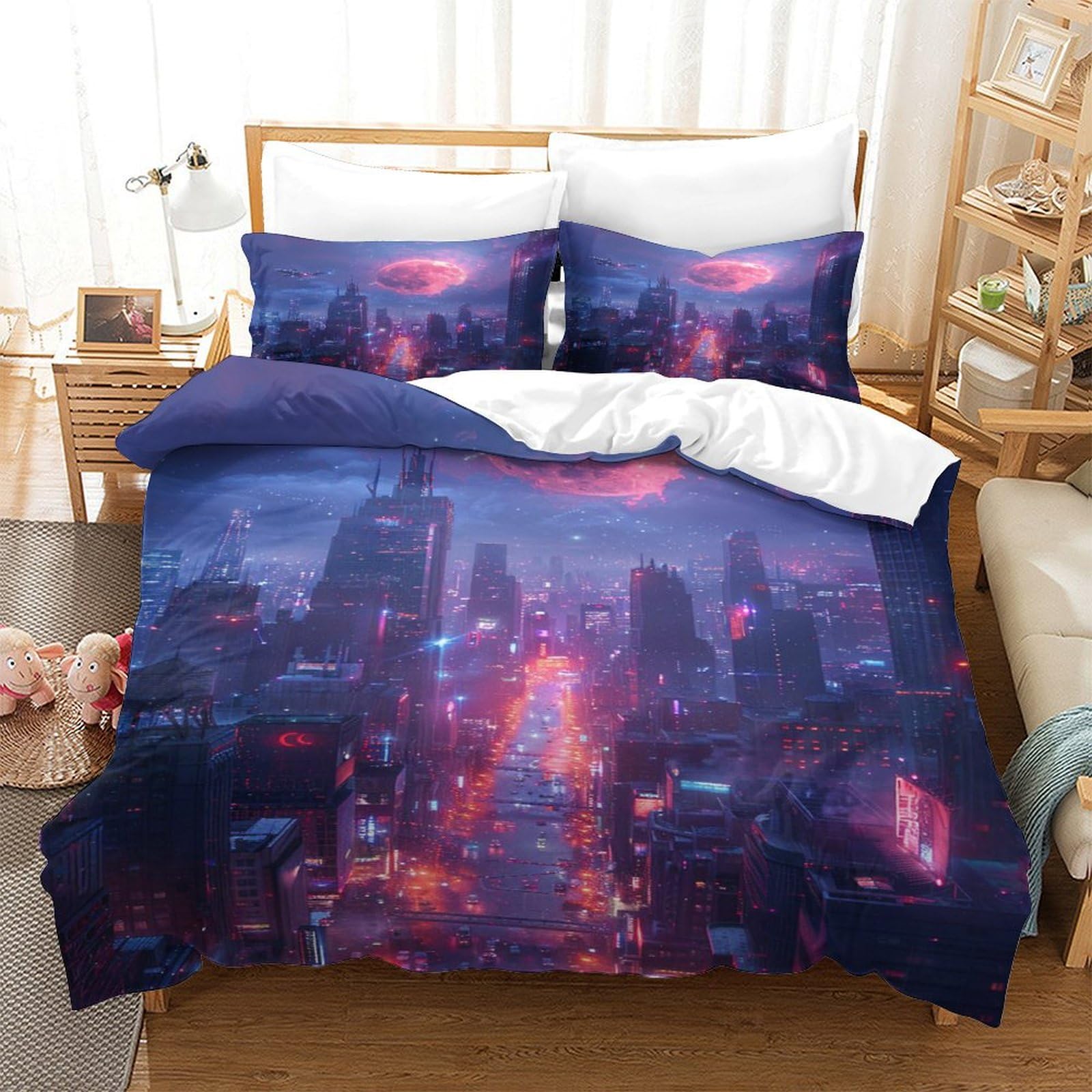 Future City Duvet Cover Set Hotel Quality Luminescence Comforter Cover 3 Piece Soft Microfiber Quilt Cover And Pillow Cases for Adults Kids Bedroom Decoration Bedding Set Super King（260x220cm）
