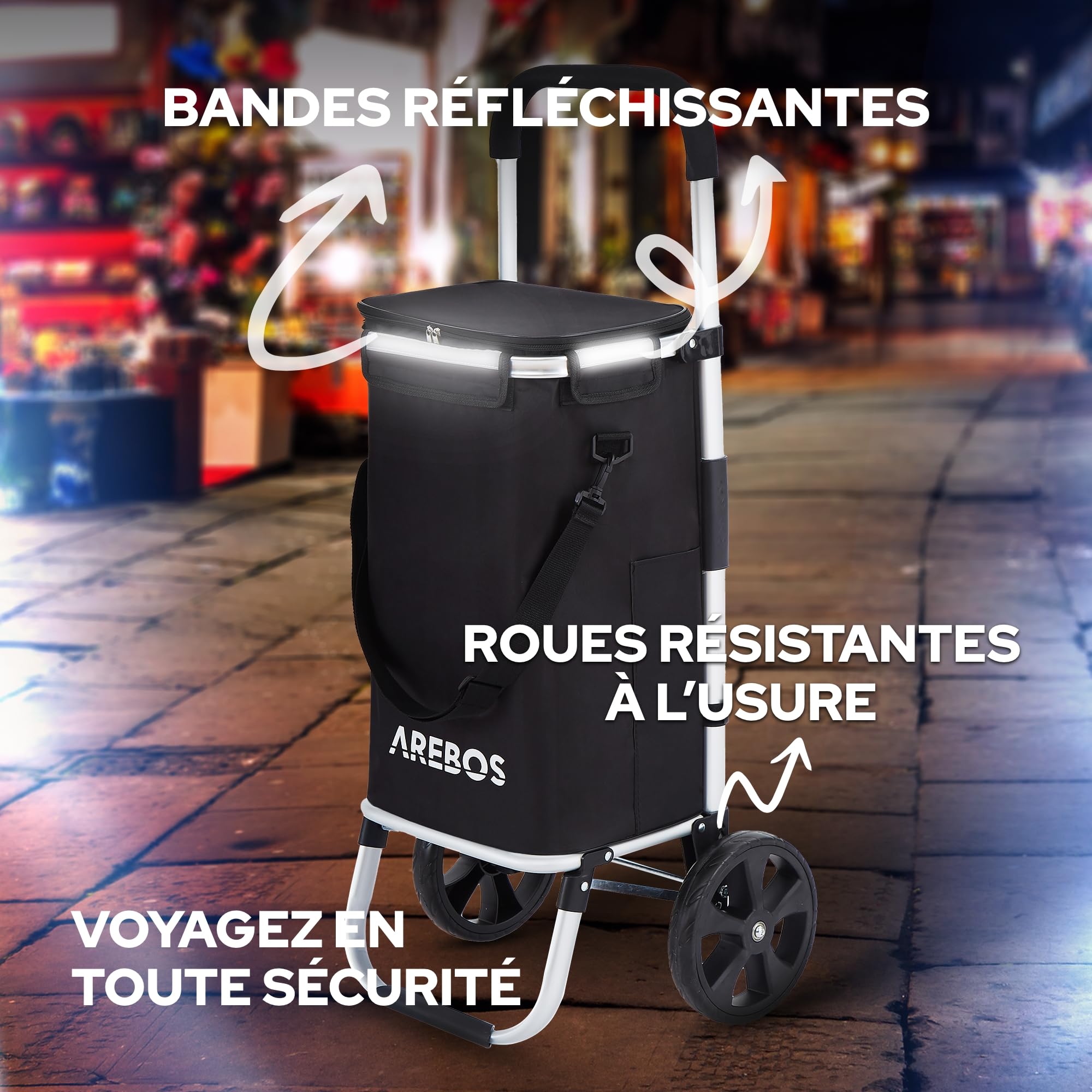 Arebos Chariot de Courses 3 en 1 avec Compartiment Isotherme intégré | 56L | Sac de Courses Pliable | Poignée réglable | Chariot de Courses avec roulettes pour escaliers | Sac Amovible | Noir