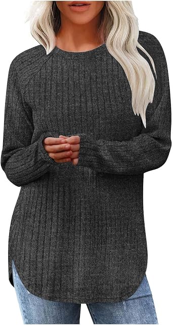 Long Sleeve Shirts for Women Casual Ribbed Knit Tunic Tops Spring Dressy Tops Lightweight Trendy Tunic Sweaters