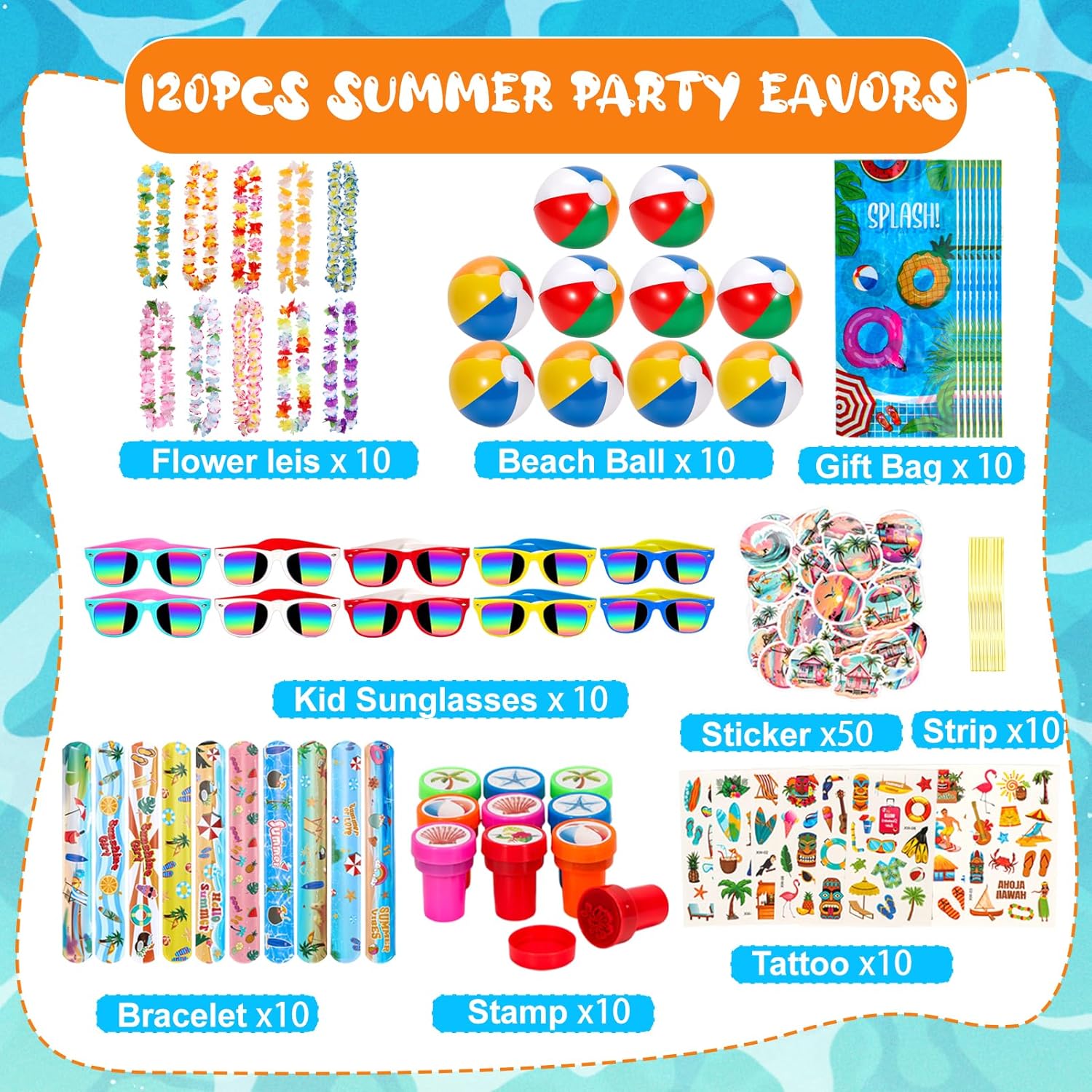 Pool Party Favors and Beach Toys for Kids, Summer Pool Toys for Kids, Luau Party Supplies with Beach Balls, Hawaiian Leis, Kids Sunglasses, More for Birthday Party Supplies End of Year Student Gifts