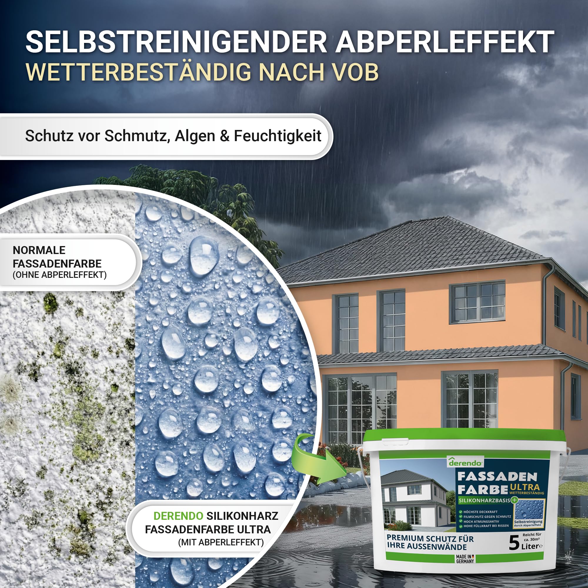 derendo Silikonharz Fassadenfarbe Terracotta ULTRA Wetterschutz Aprikose 5 l aussen Fassade Silikonharzfarbe mit Abperleffekt Lotus Blatt Fassadenschutz Schmutzabweisende Silikonharzbeschichtung