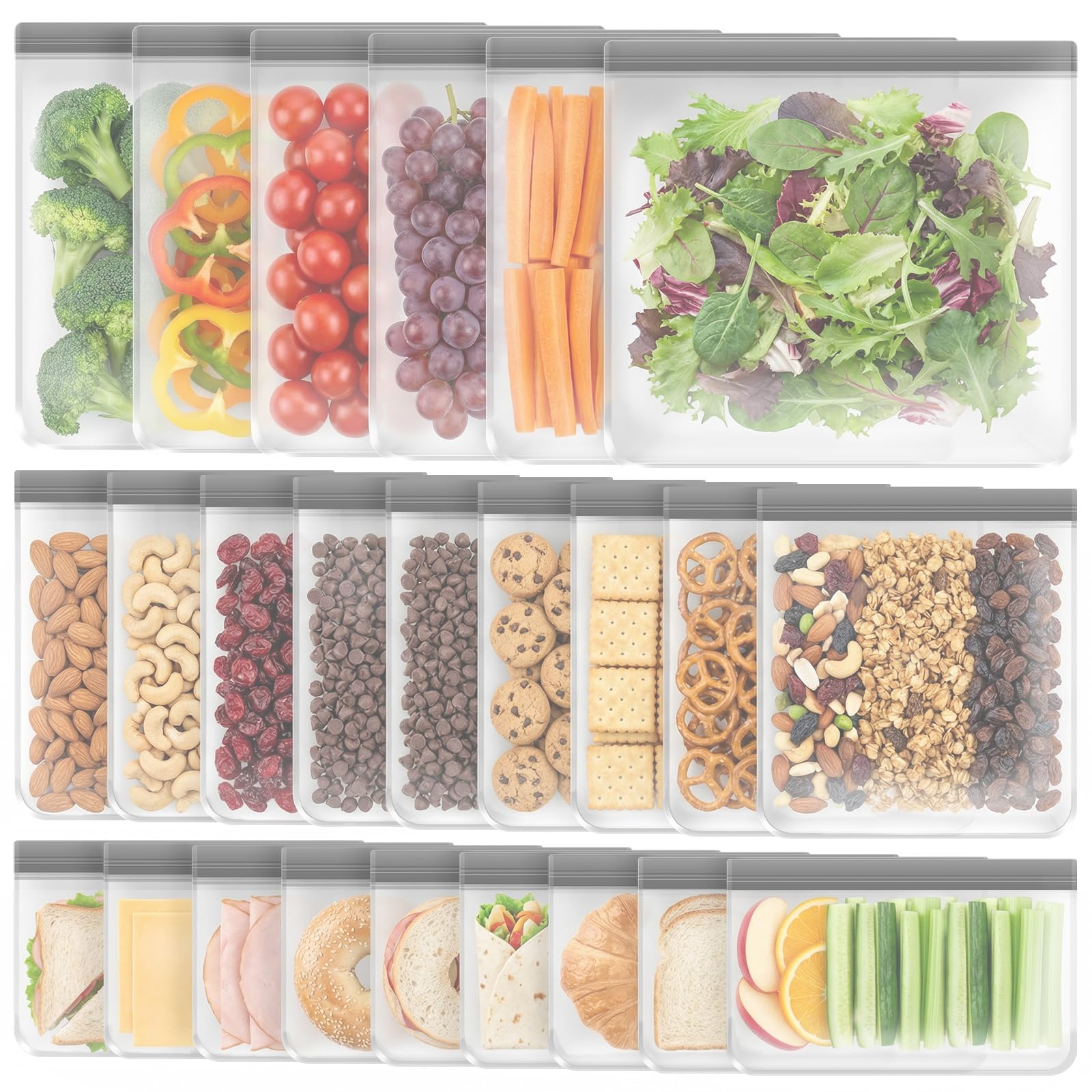 MENIBBLER 24Pcs Reusable Freezer Bags, Leakproof Food Storage Bag Double Layer Seal Design, Clear Thickened PEVA Freezer Bags for Keeping Lunch Sandwich Snacks Fruit Vegetables Soup Meat Travel Items