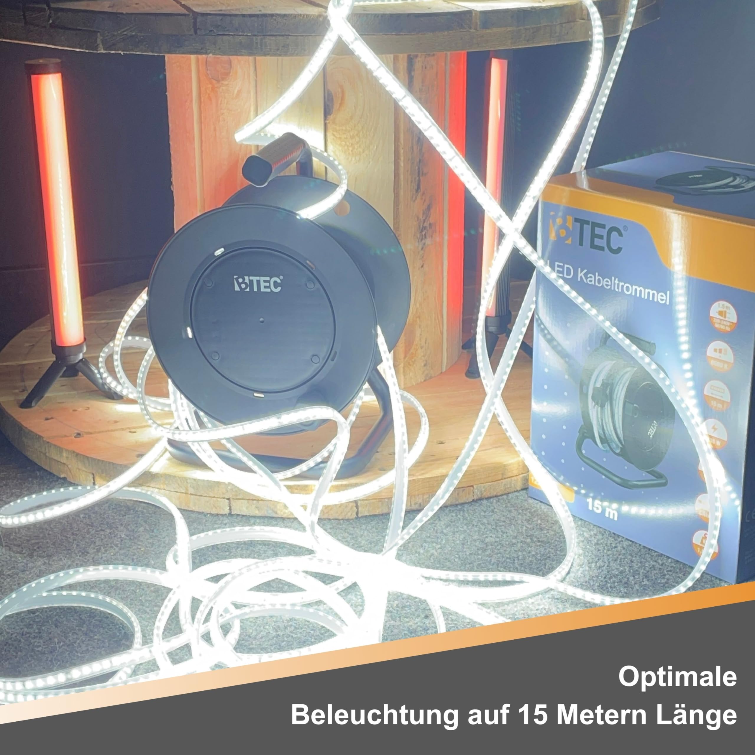 BTEC LED Lichtschlauch Kabeltrommel 15m – 135W 15000lm – IP54 Outdoor & Indoor – Baustellenbeleuchtung, Gartenbeleuchtung, Partylicht, Arbeitslampe, erweiterbar bis 70m