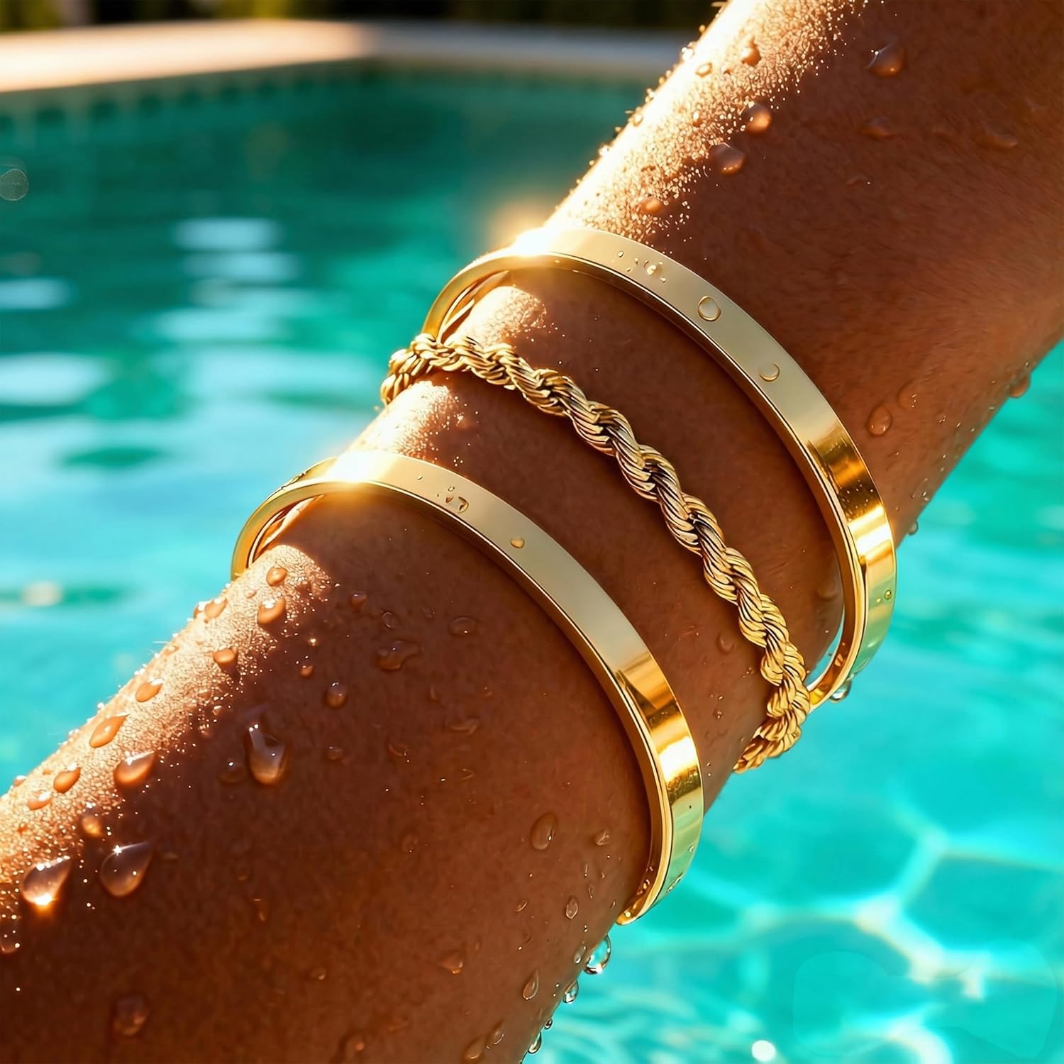 Gold Bangle Bracelets for Women, Non Tarnish Dainty 14K Gold Plated Cuff Bracelets Stackable for Women,Waterproof Bracelet Stack Gold Jewelry Gifts Trendy Adjustable Accessories - Image 2