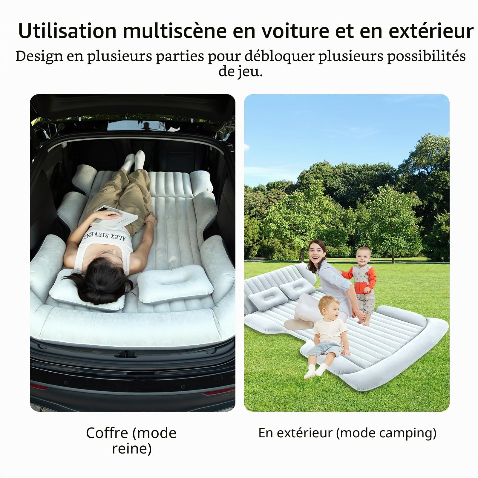 Matelas gonflable de voiture avec deux coussins, matelas de camping pour coffre de voiture, matelas isolant auto-gonflant pour 2 à 3 personnes, matelas gonflable combiné, 184 x 122 x 15 cm,