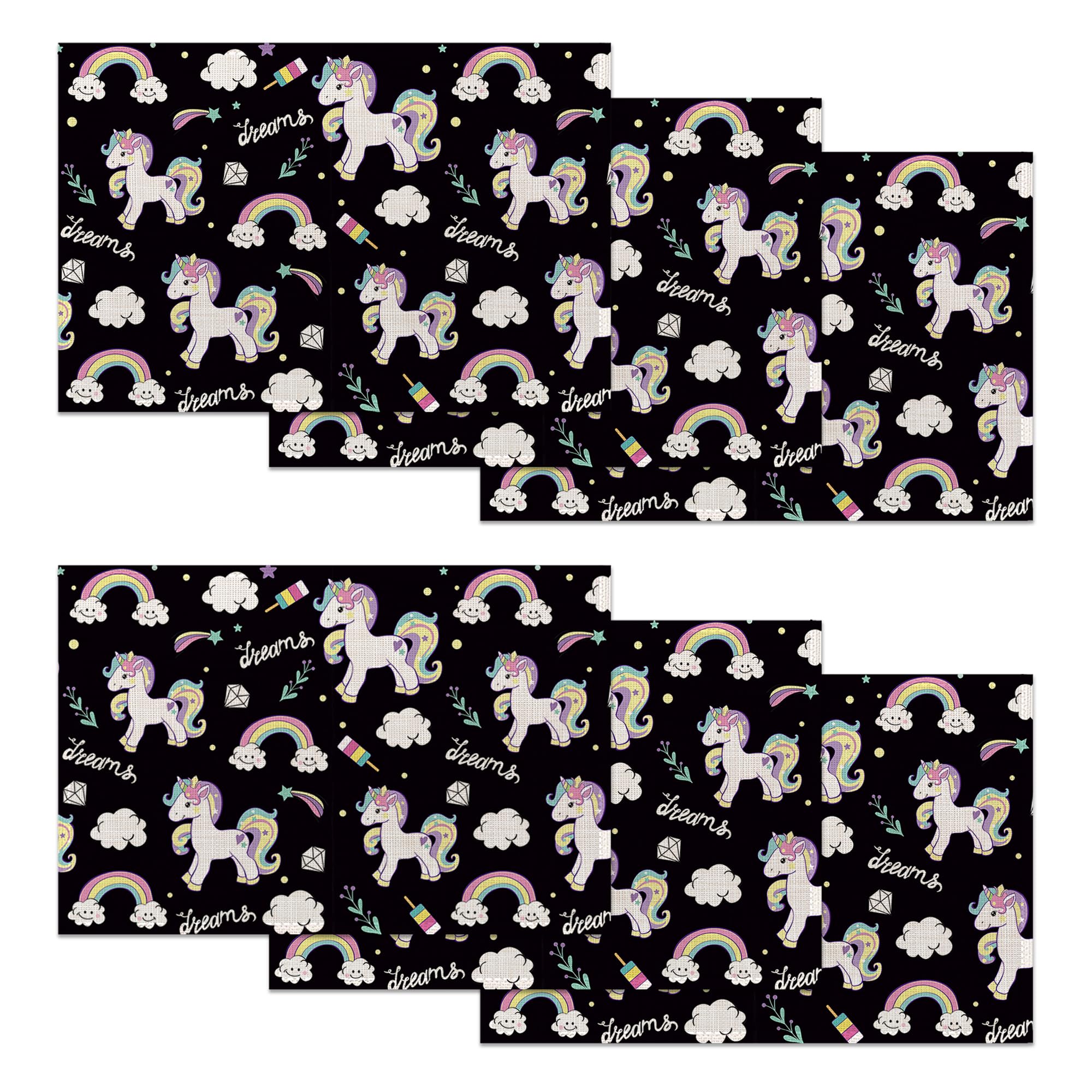 Placemats Set of 6,Cute Unicorn Washable Table Mats for Dining or Coffee Table,Color Rainbow Heat Resistant Non-Slip Place Mats for Home Party 12"x18"
