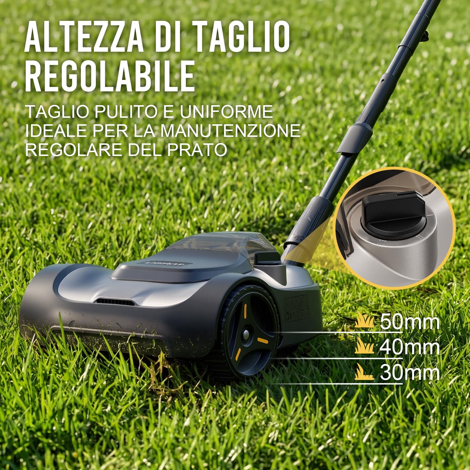 LIGIANT Tosaerba a Batteria Compatto e Leggero da 22 cm, Motore Brushless, Mulching, Altezza Regolabile su 3 Livelli, Sicurezza Inclinazione 10°–75°, Ideale per Piccoli Giardini e Angoli Stretti