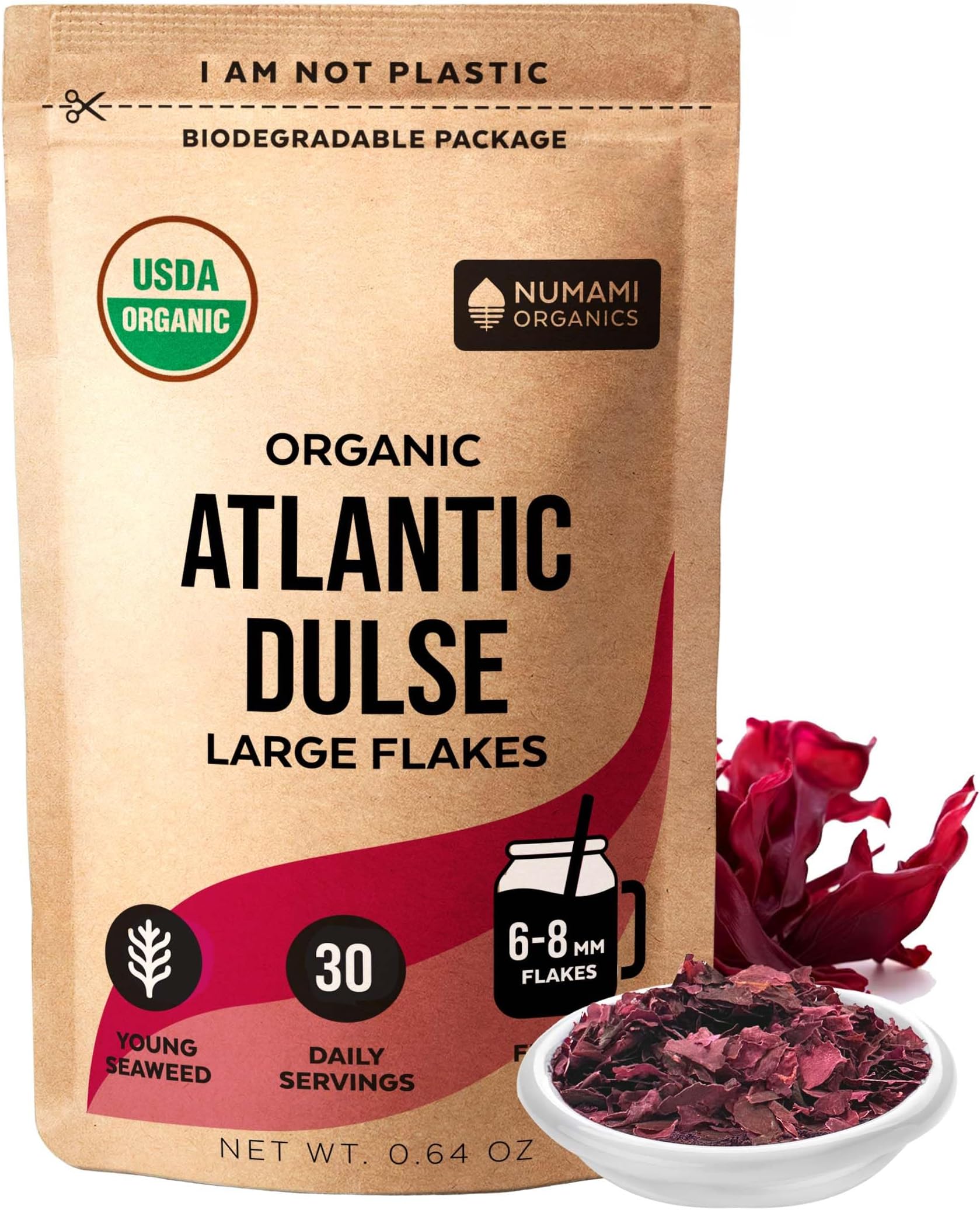 Organic Atlantic Dulse Flakes - Young Baby Seaweed Grown in North Atlantic, Vacuum Dried Premium Quality. Soft Texture & Mild Taste. Add 1 tsp to your dish for daily vitamins/minerals. 30 Servings
